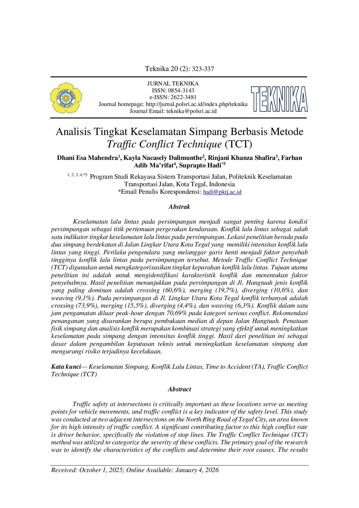 JURIS Analisis Tingkat Keselamatan Simpang Berbasis Metode Traffic Conflict Technique TCT