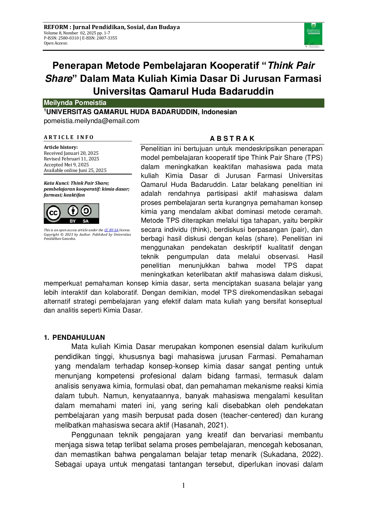 JURIS Penerapan Metode Pembelajaran Kooperatif Think Pair Share Dalam Mata Kuliah Kimia Dasar Di Jurusan Farmasi Universitas Qamarul Huda Badaruddin