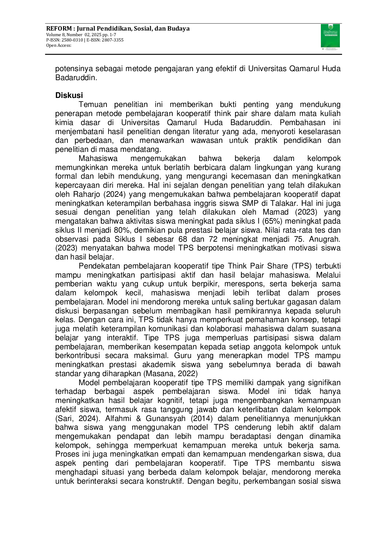 JURIS Penerapan Metode Pembelajaran Kooperatif Think Pair Share Dalam Mata Kuliah Kimia Dasar Di Jurusan Farmasi Universitas Qamarul Huda Badaruddin