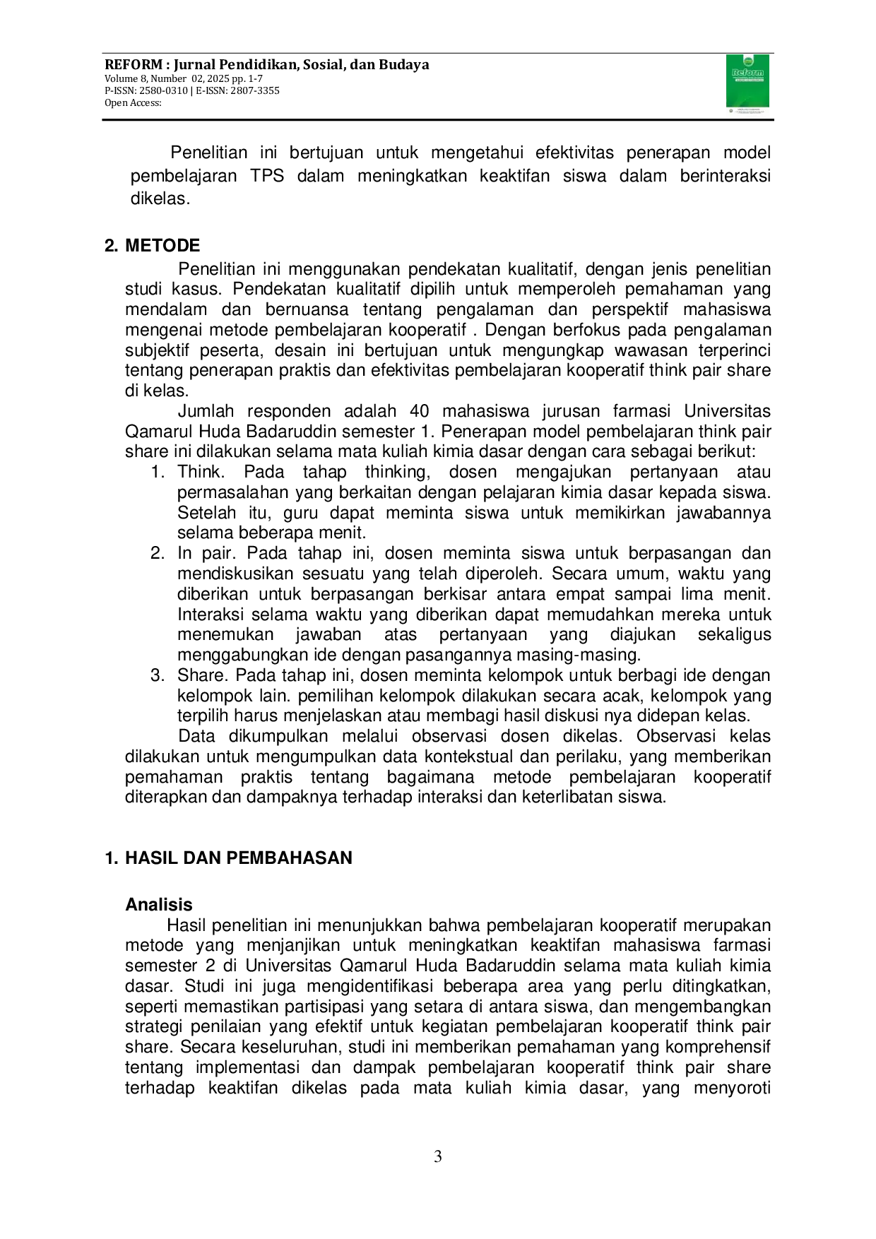 JURIS Penerapan Metode Pembelajaran Kooperatif Think Pair Share Dalam Mata Kuliah Kimia Dasar Di Jurusan Farmasi Universitas Qamarul Huda Badaruddin