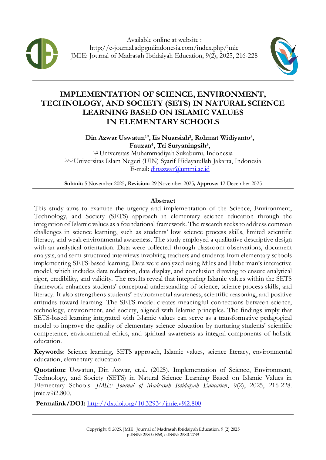 JURIS Implementation Of Science Environment Technology And Society Sets In Natural Science Learning Based On Islamic Values In Elementary Schools