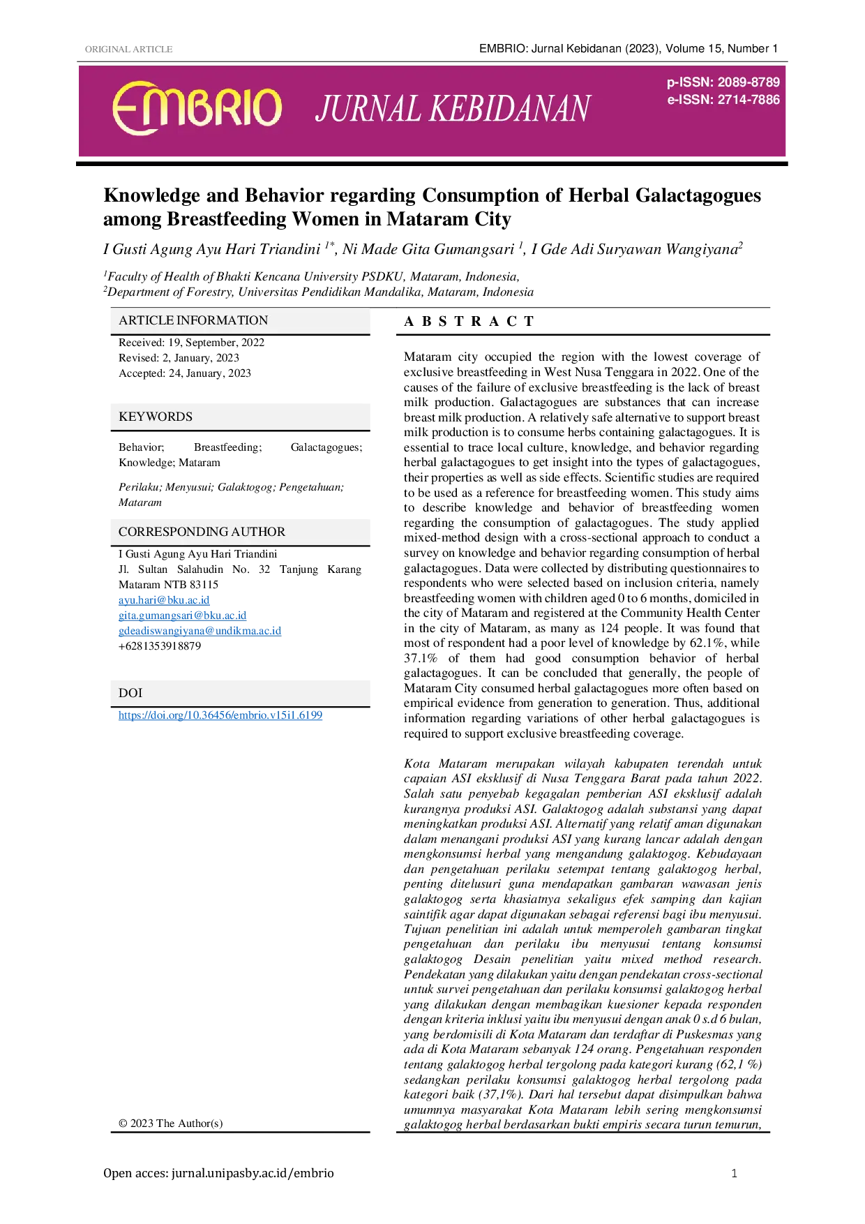 JURIS Knowledge and Behavior regarding Consumption of Herbal Galactagogues among Breastfeeding Women in Mataram City
