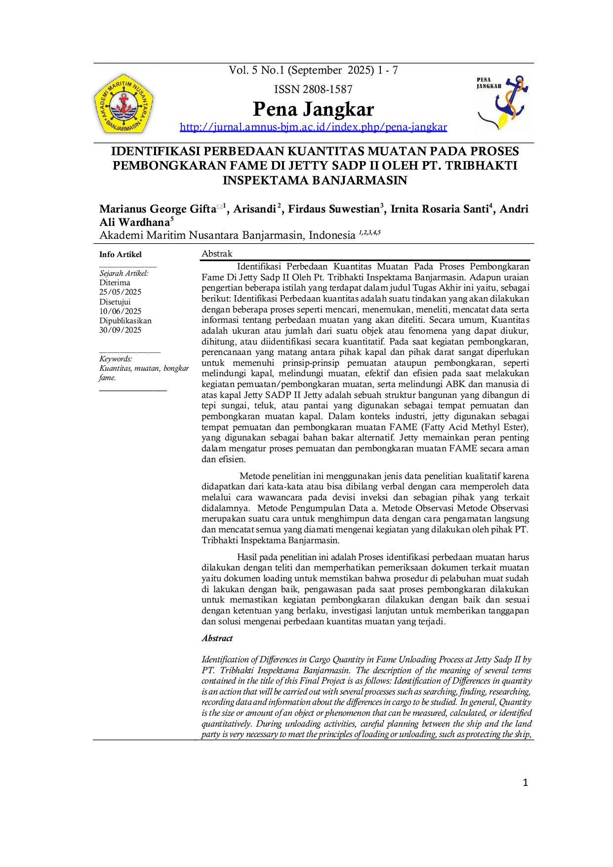 JURIS Identifikasi Perbedaan Kuantitas Muatan Pada Proses Pembongkaran Fame Di Jetty Sadp Ii Oleh Pt Tribhakti Inspektama Banjarmasin