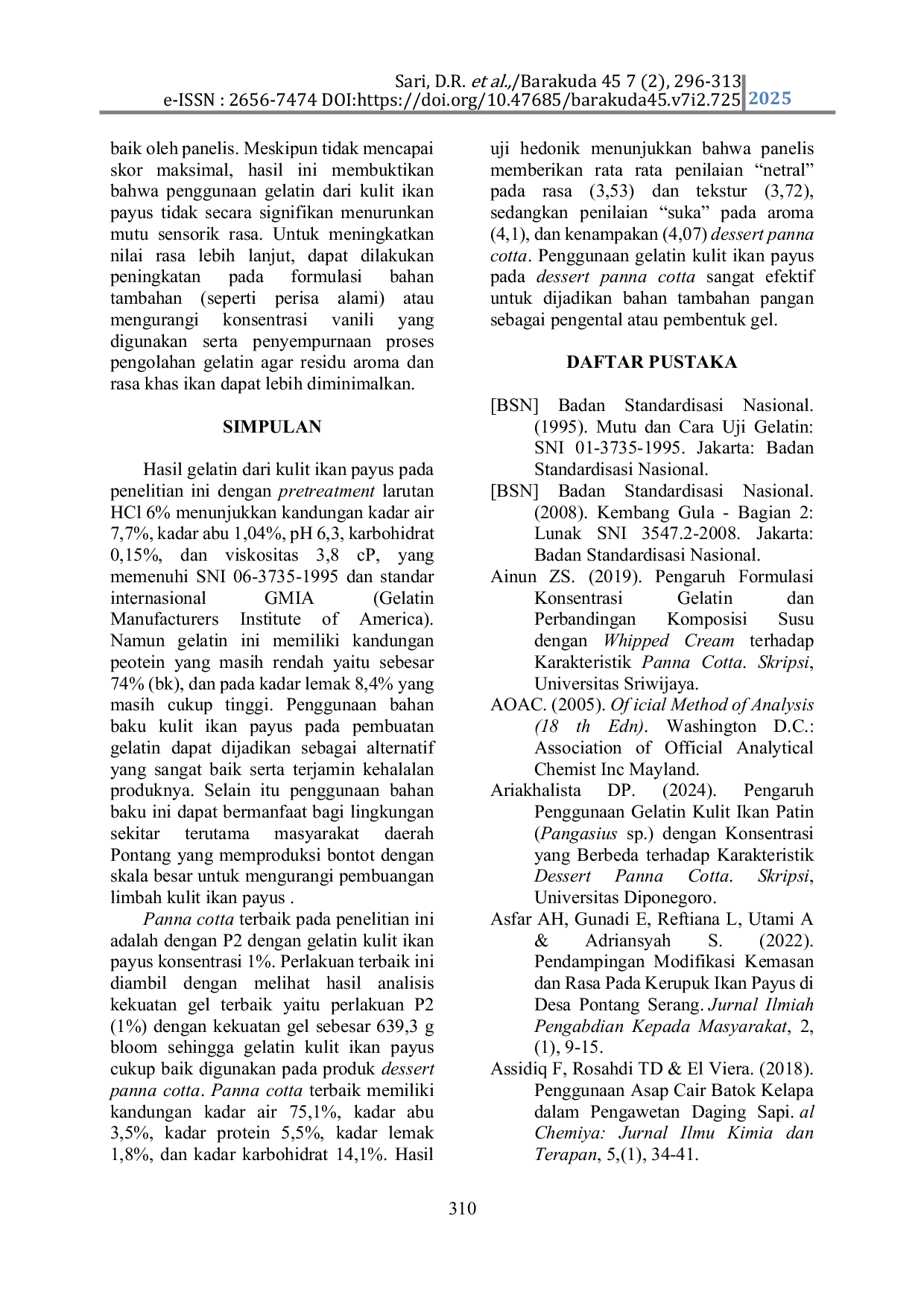 JURIS Application of Milkfish Skin Gelatin Elops hawaiensis as A Stabilizer in Panna cotta Dessert Products