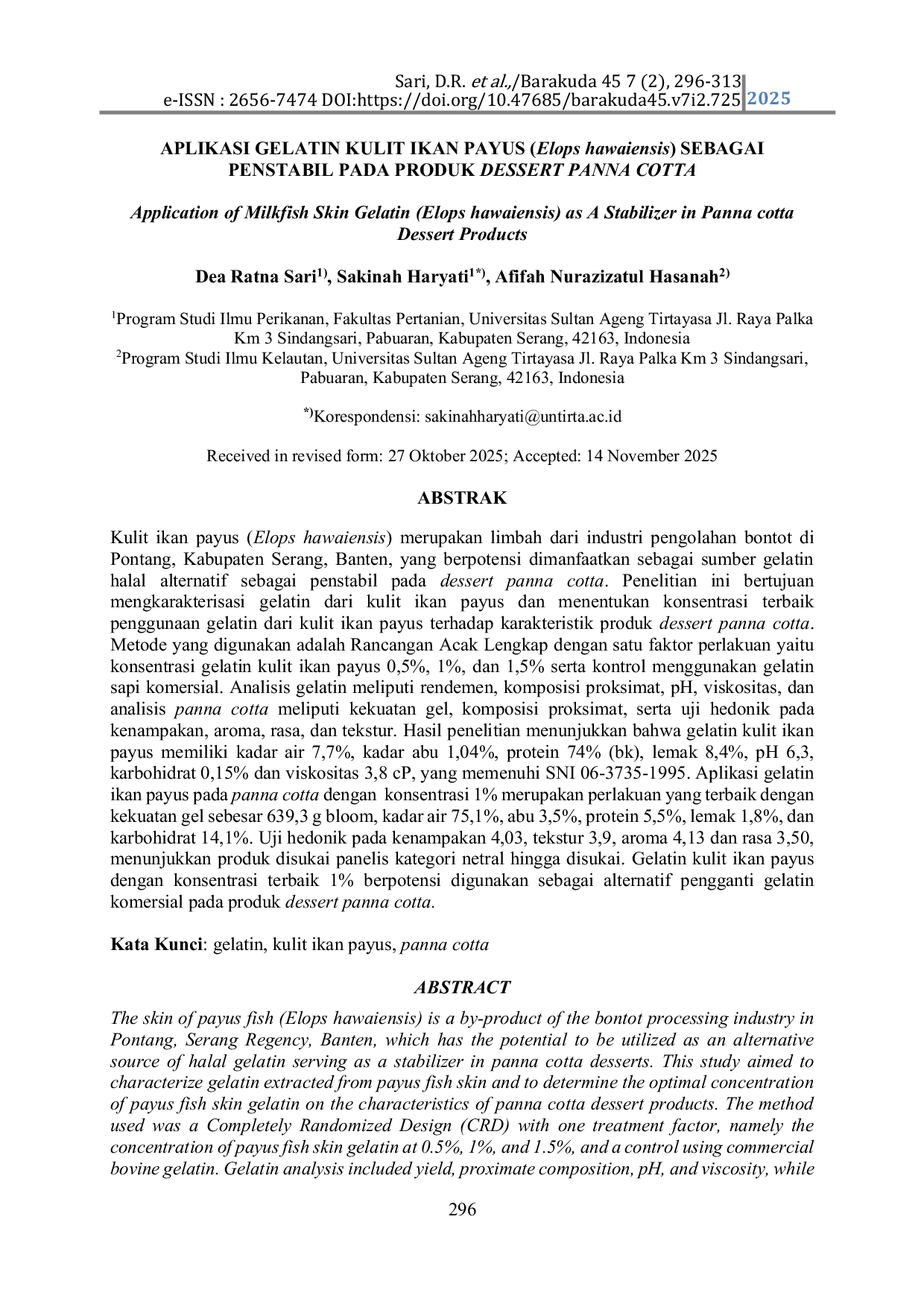 JURIS Application of Milkfish Skin Gelatin Elops hawaiensis as A Stabilizer in Panna cotta Dessert Products