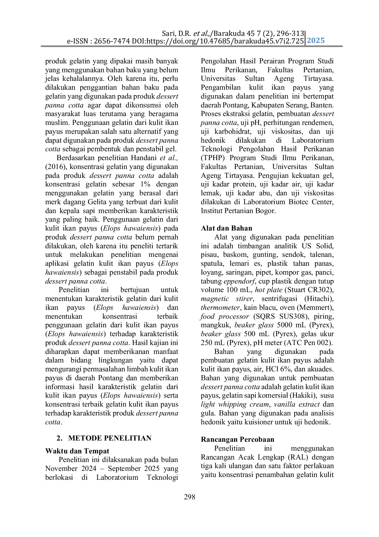JURIS Application of Milkfish Skin Gelatin Elops hawaiensis as A Stabilizer in Panna cotta Dessert Products