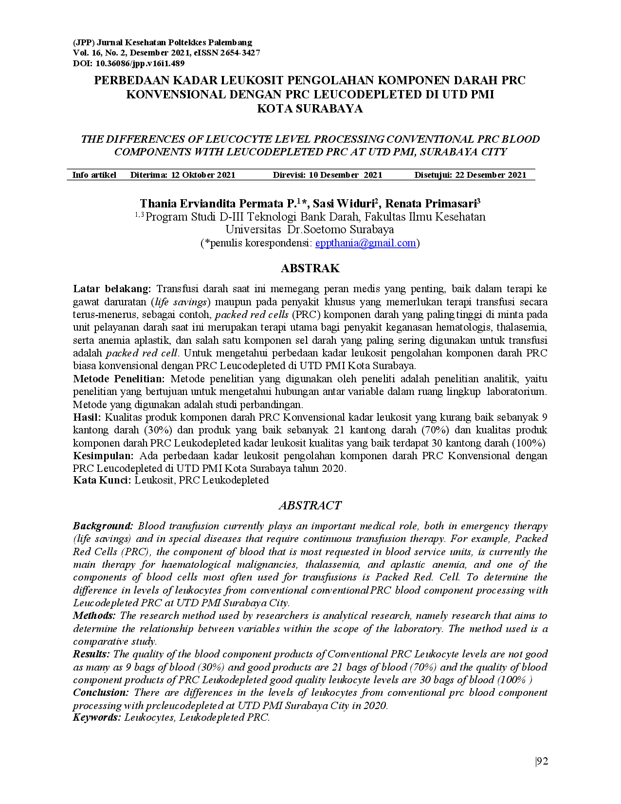 juris Perbedaan Kadar Leukosit Pengolahan Komponen Darah PRC Konvensional dengan PRC Leukodepleted di UTD PMI Kota Surabaya