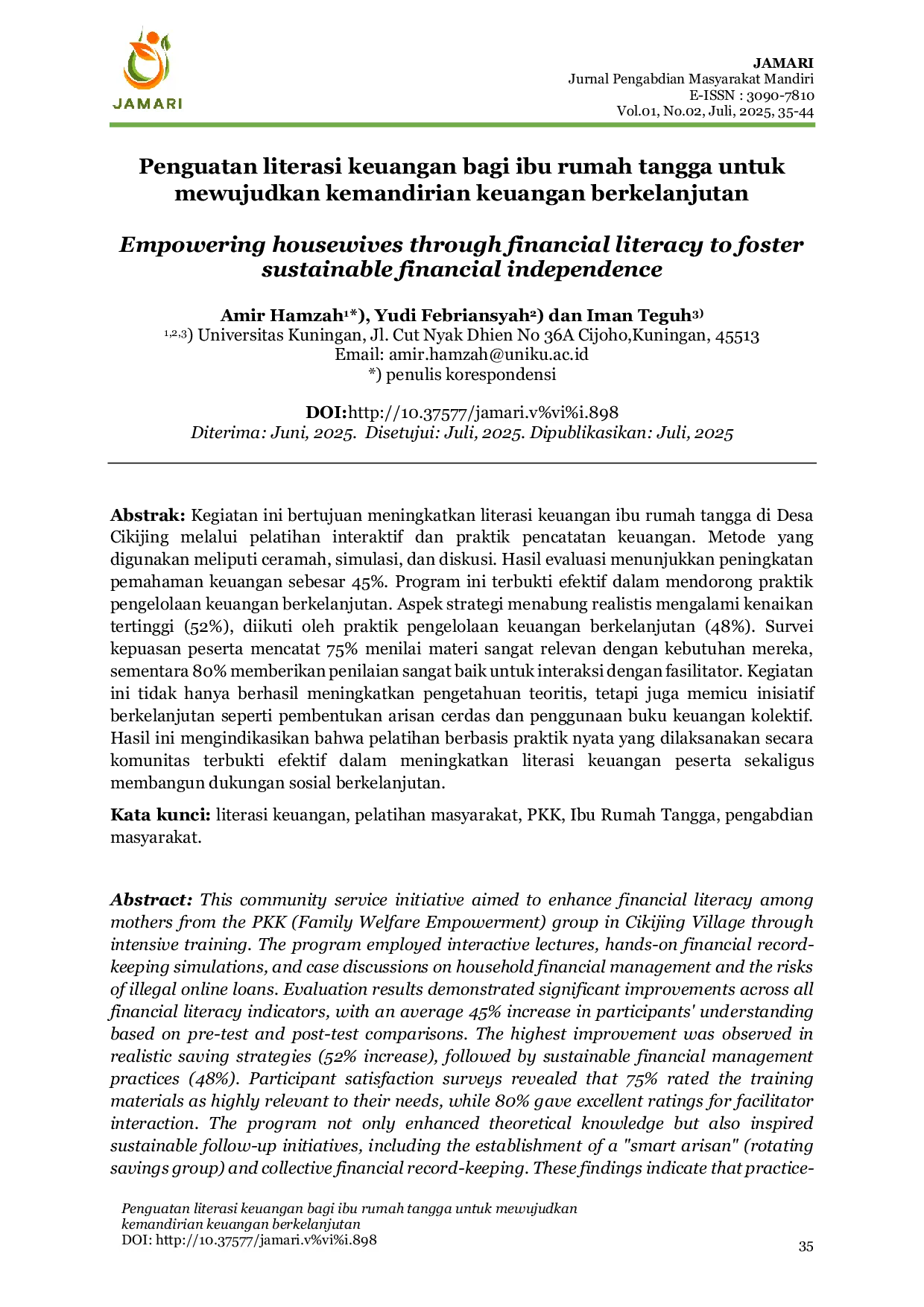 JURIS Penguatan Literasi Keuangan Bagi Ibu Rumah Tangga Untuk Mewujudkan Kemandirian Keuangan Berkelanjutan