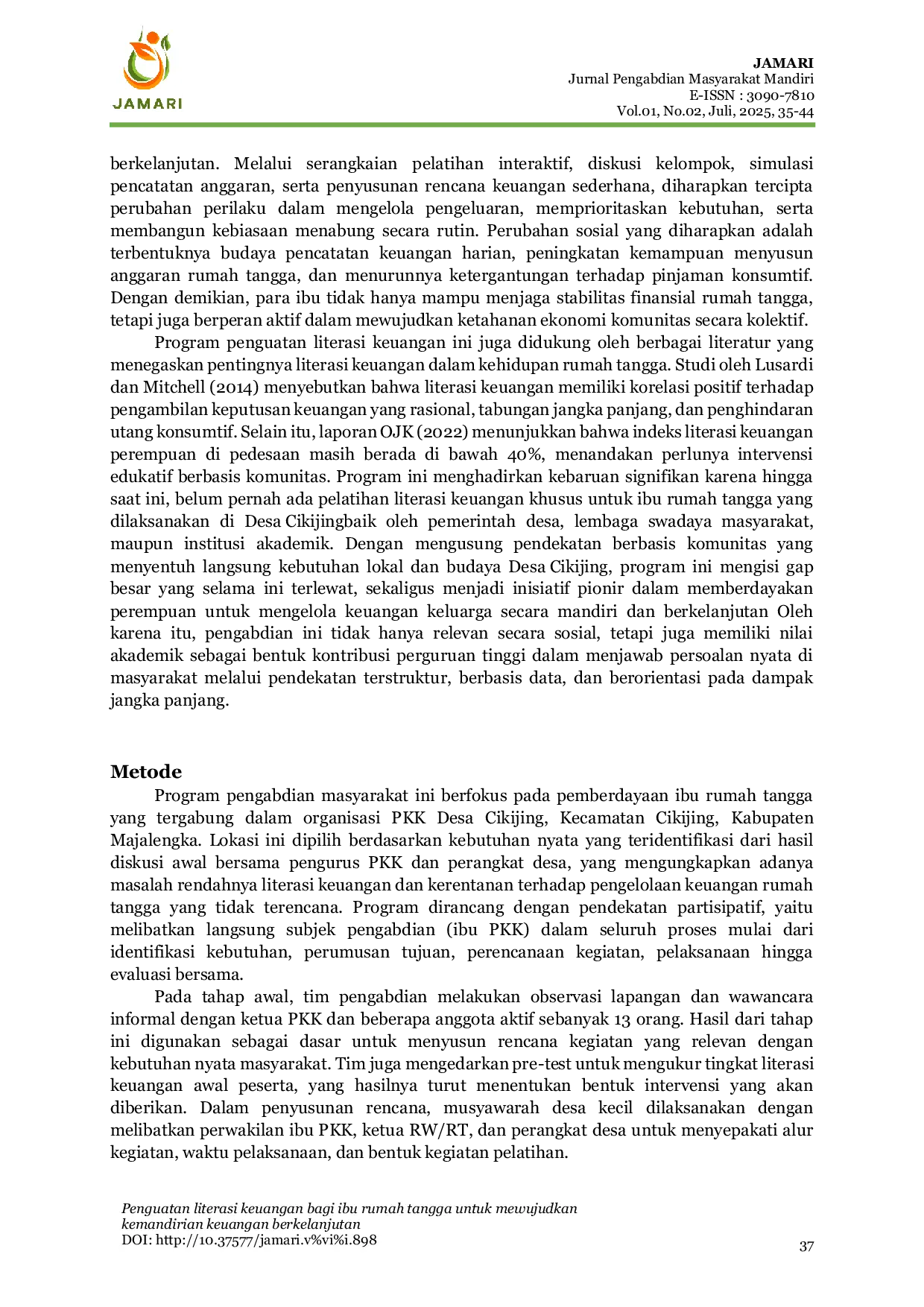 JURIS Penguatan Literasi Keuangan Bagi Ibu Rumah Tangga Untuk Mewujudkan Kemandirian Keuangan Berkelanjutan