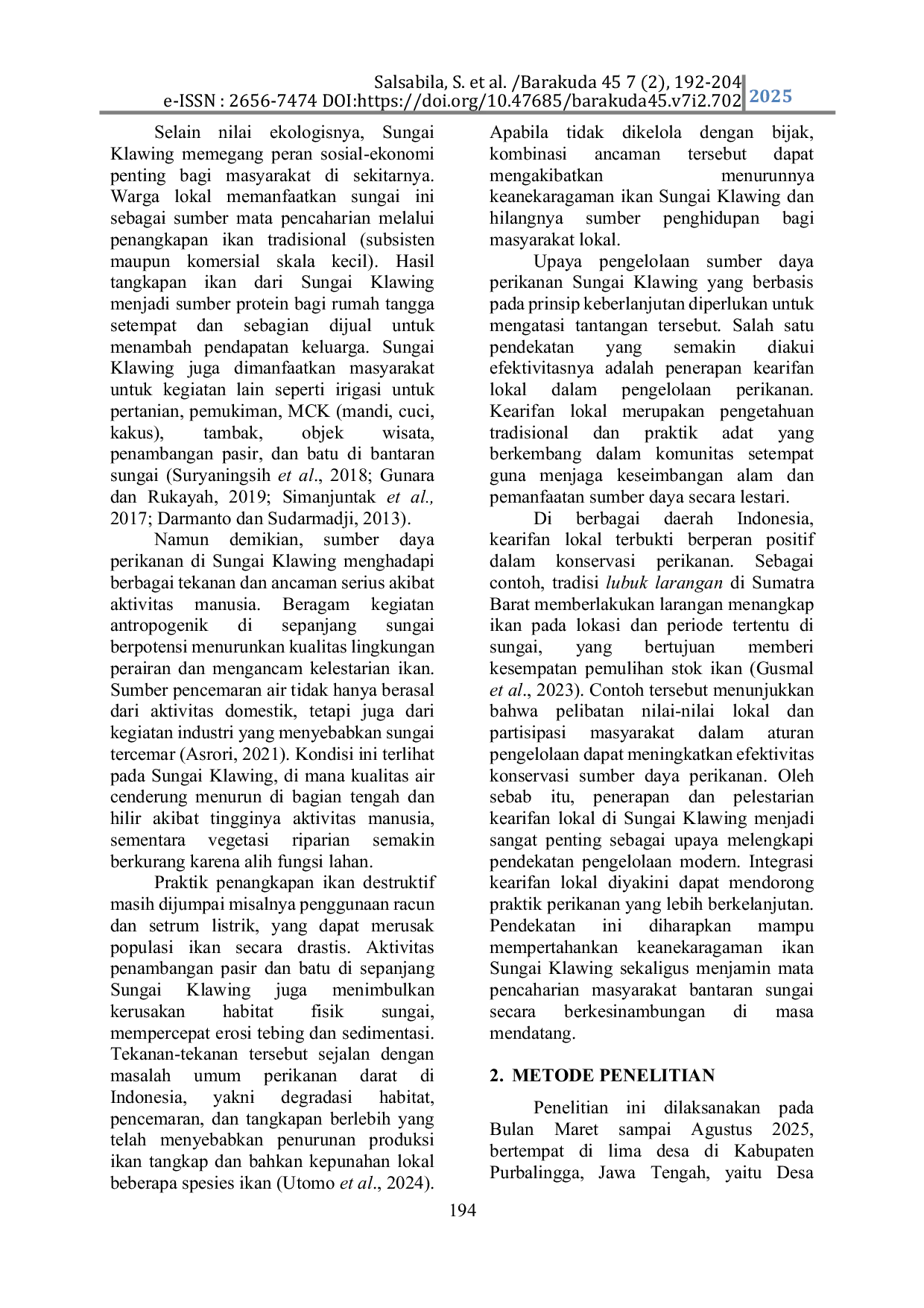 JURIS Local Wisdom Practices in Managing Fisheries Resources of the Klawing River