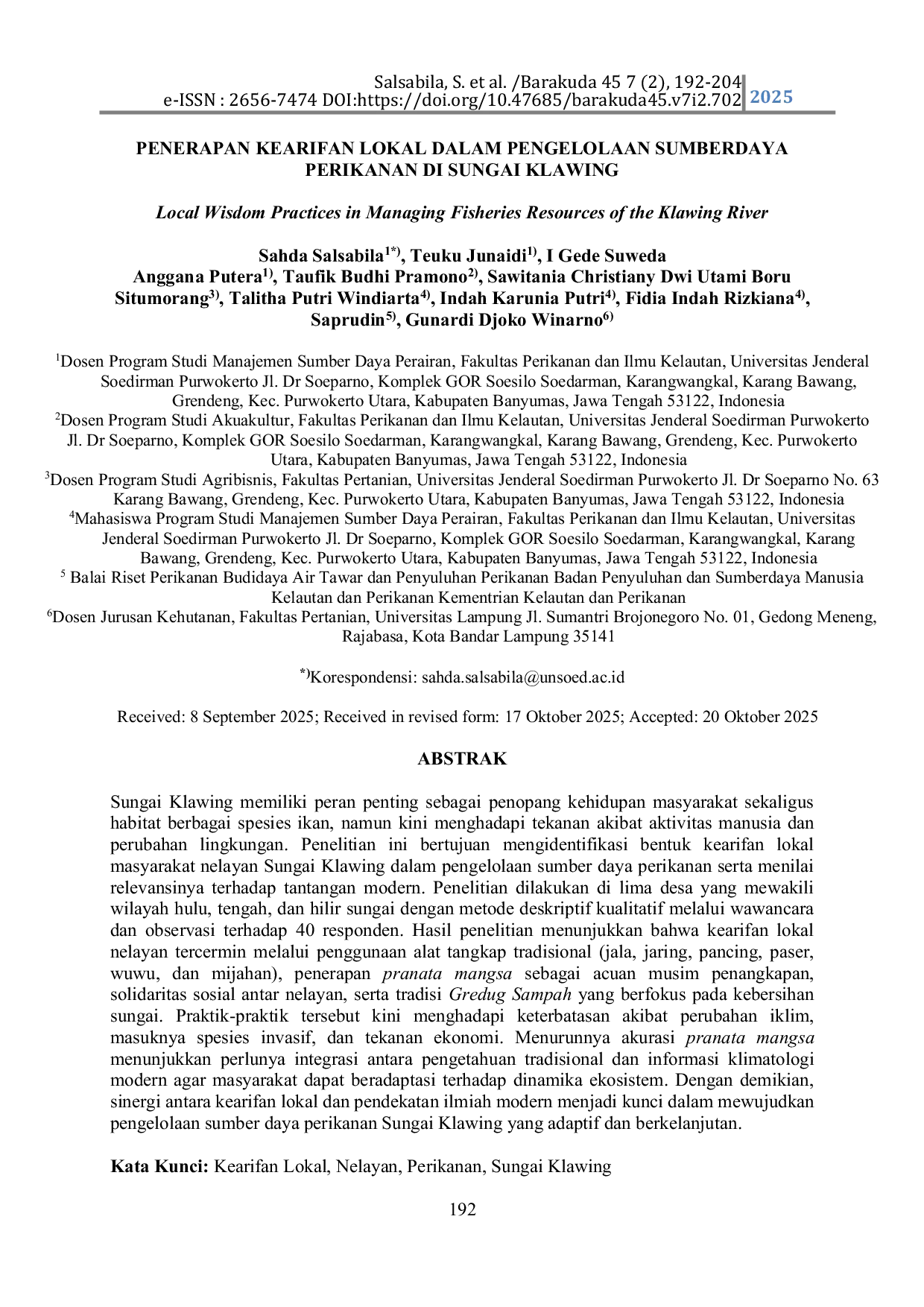 JURIS Local Wisdom Practices in Managing Fisheries Resources of the Klawing River