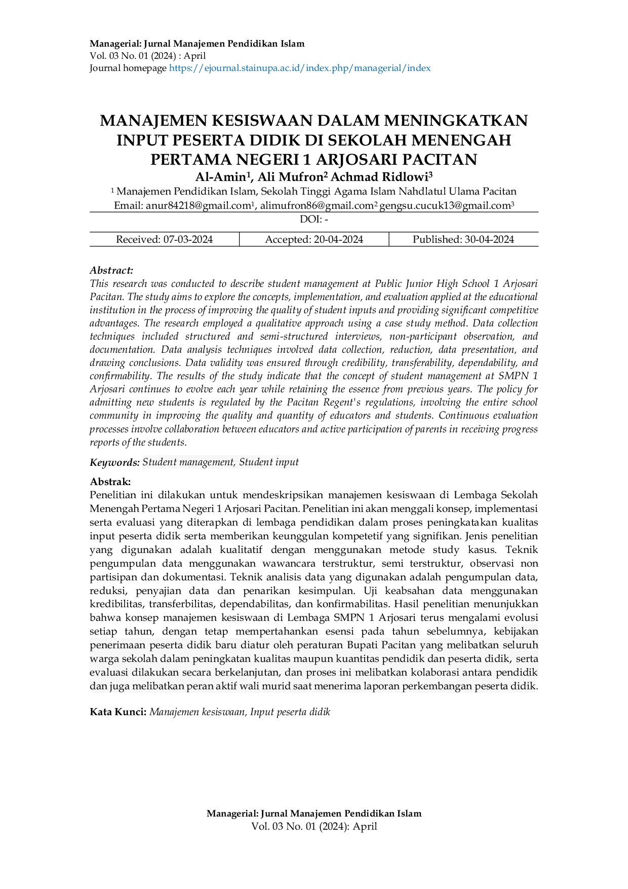 JURIS Manajemen Kesiswaan dalam Meningkatkan Input Peserta Didik di Sekolah Menengah Pertama Negeri 1 Arjosari Pacitan