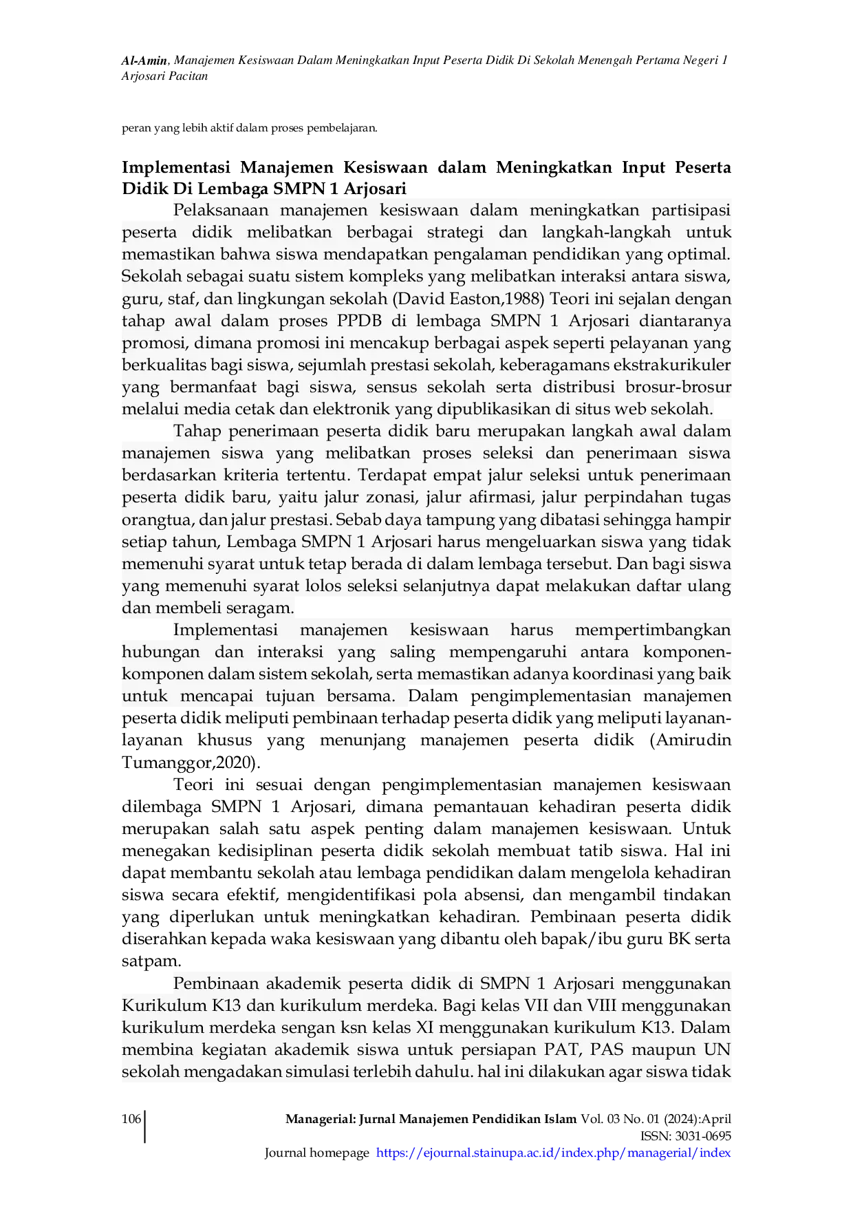 JURIS Manajemen Kesiswaan dalam Meningkatkan Input Peserta Didik di Sekolah Menengah Pertama Negeri 1 Arjosari Pacitan