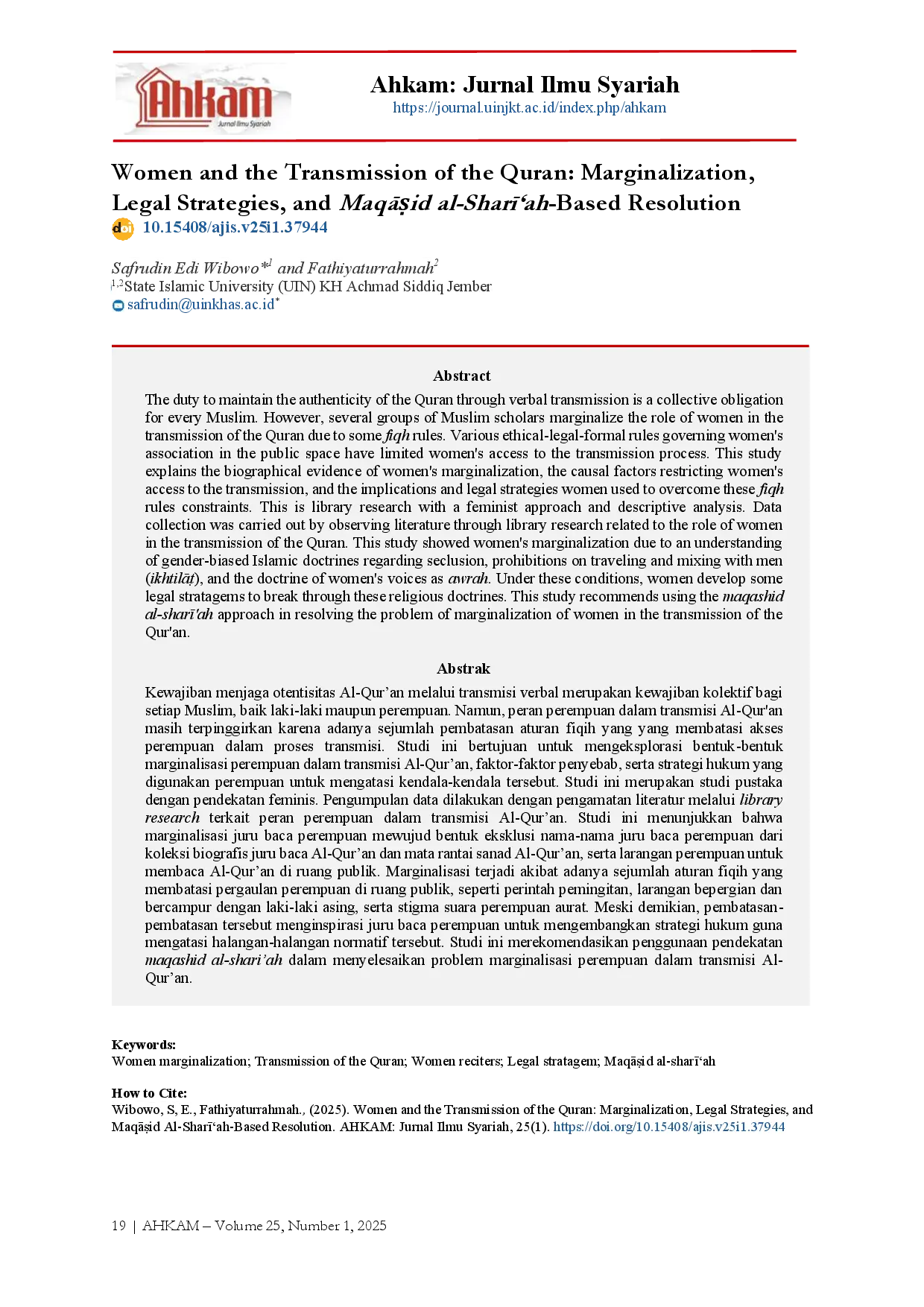 juris Women and the Transmission of the Quran Marginalization Legal Strategies and MaqAid al Shar ah Based Resolution