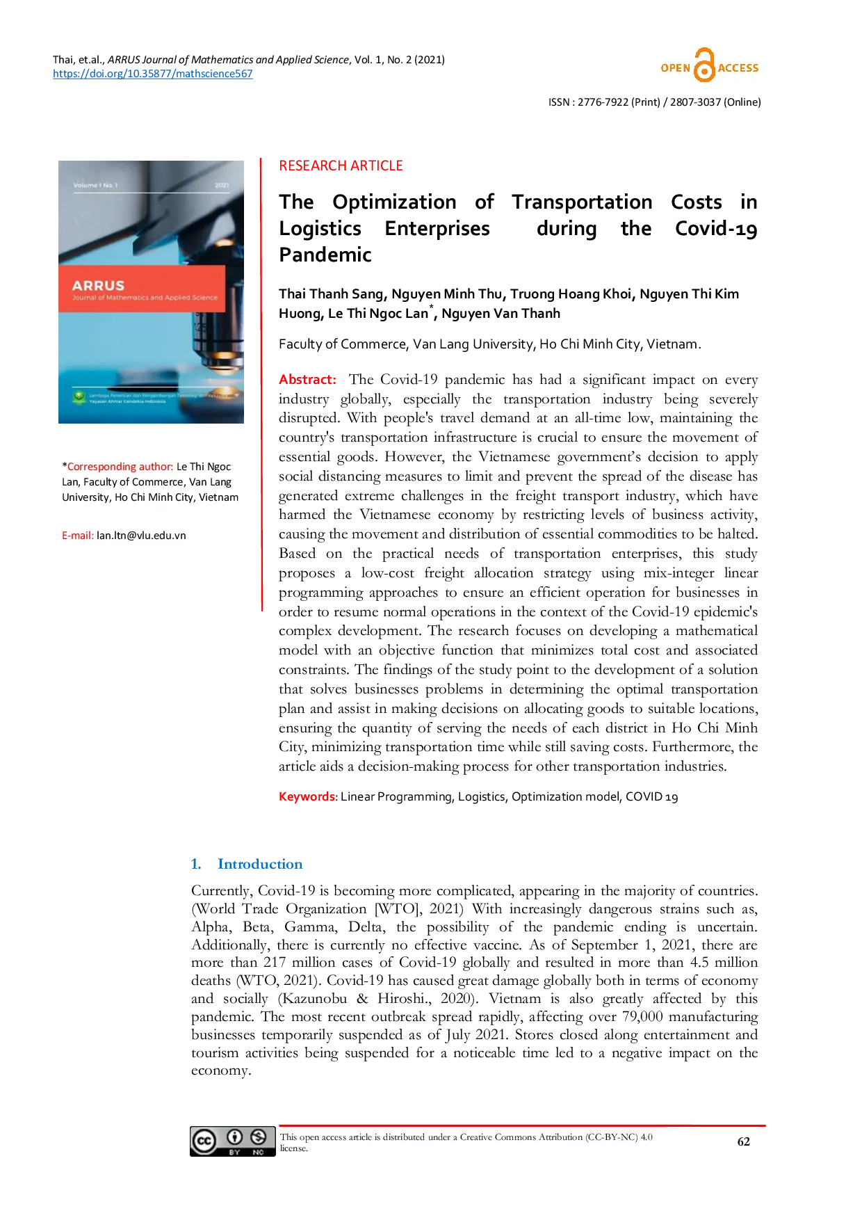 JURIS The Optimization of Transportation Costs in Logistics Enterprises during the Covid 19 Pandemic