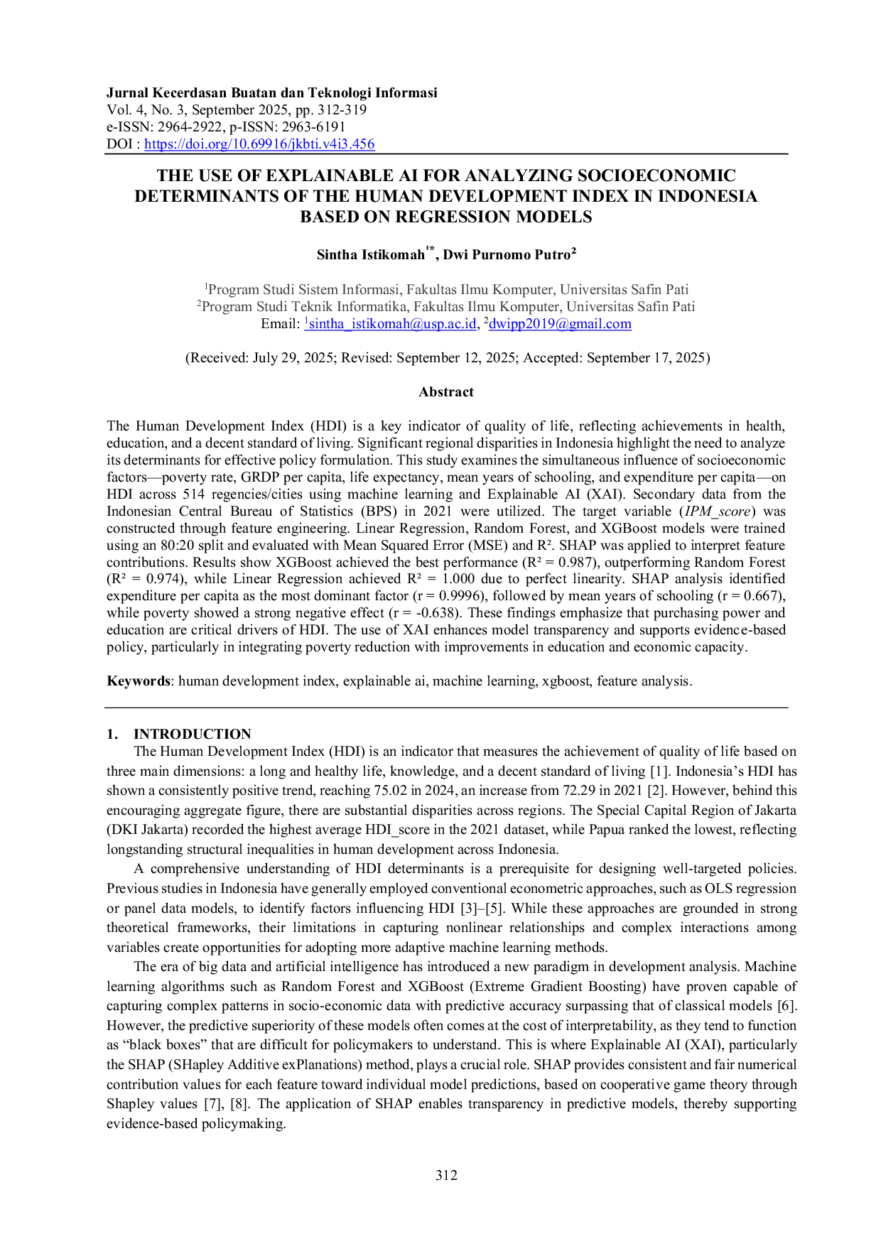 JURIS The Use of Explainable AI for Analyzing Socioeconomic Determinants of the Human Development Index in Indonesia Based on Regression Models