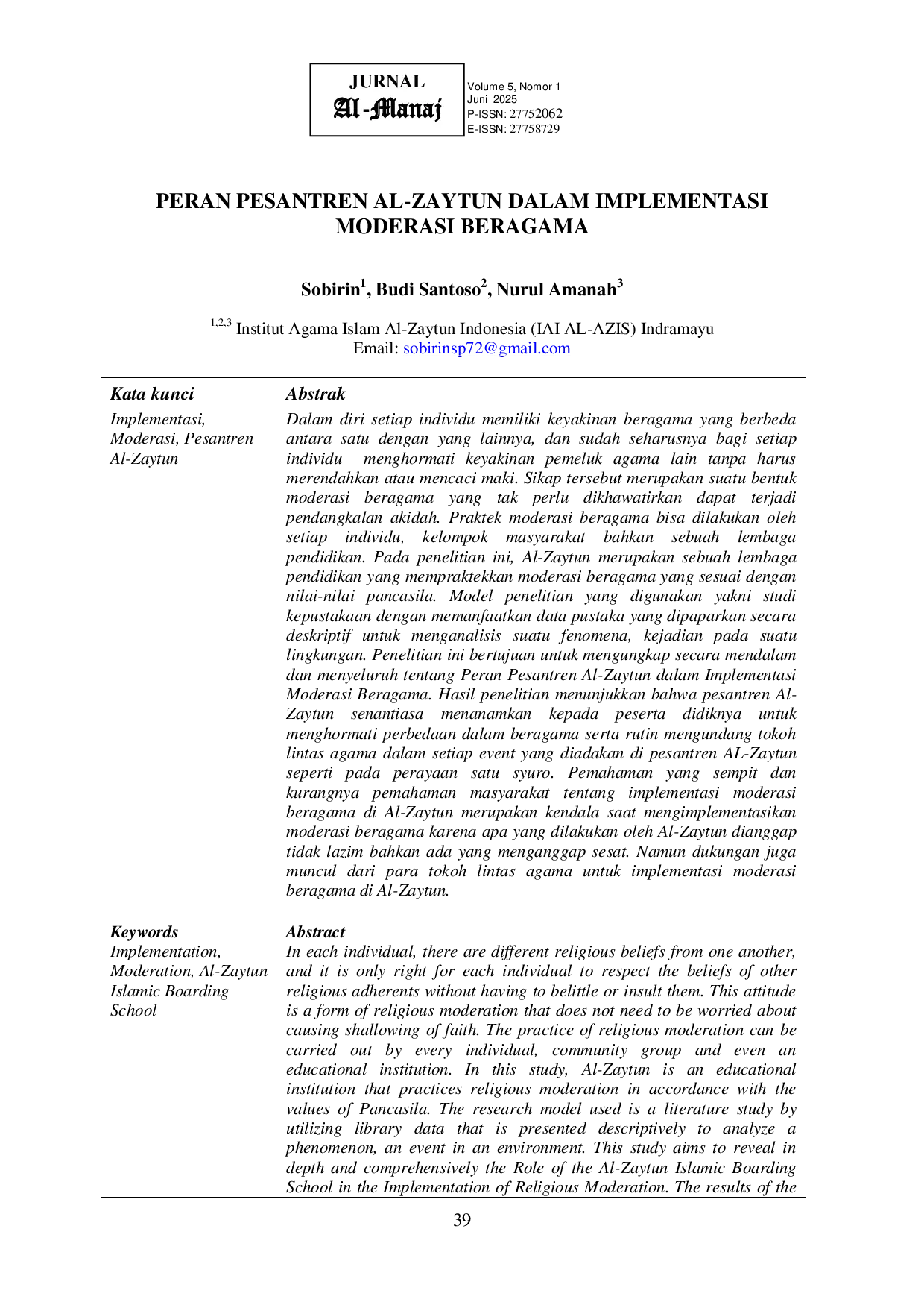 JURIS Peran Pesantren Al Zaytun Dalam Implementasi Moderasi Beragama