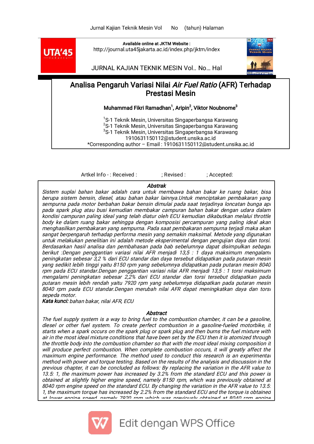 JURIS Analisa Pengaruh Variasi Nilai Air Fuel Ratio AFR Terhadap Prestasi Mesin