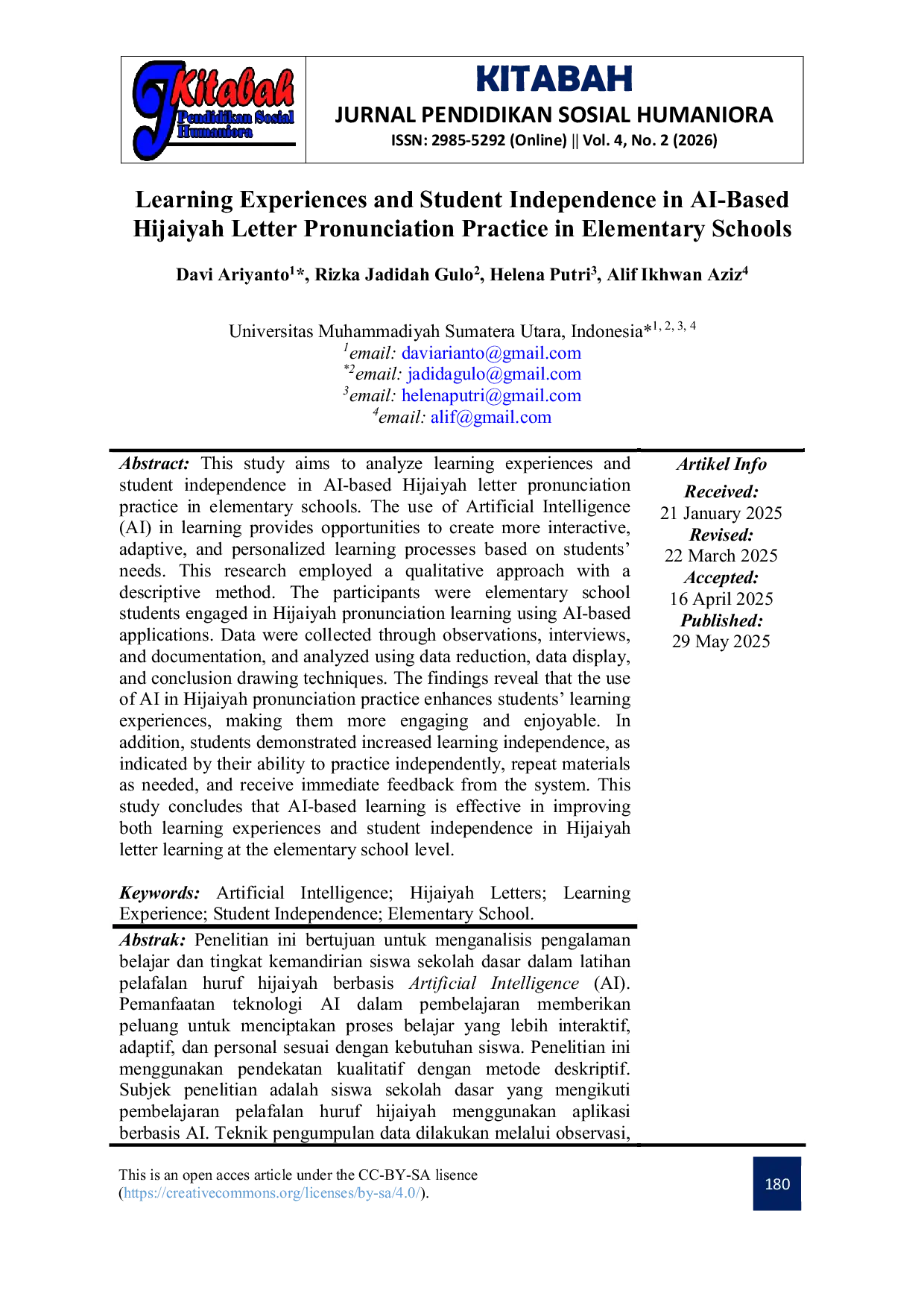 JURIS Learning Experiences and Student Independence in AI Based Hijaiyah Letter Pronunciation Practice in Elementary Schools