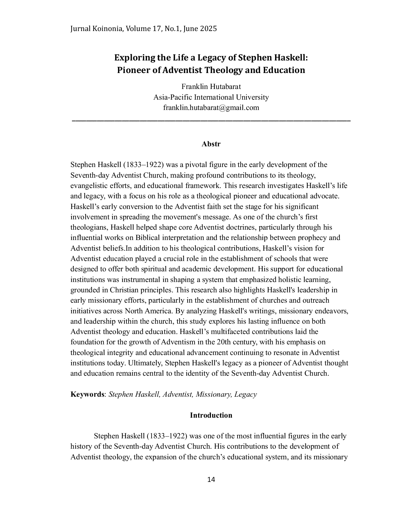 JURIS Exploring the Life and Legacy of Stephen Haskell Pioneer of Adventist Theology and Education