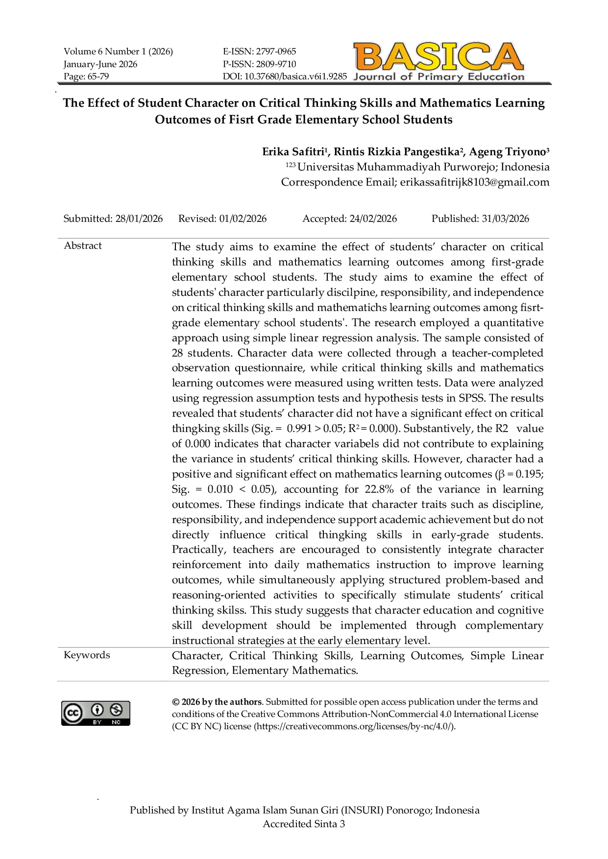 JURIS The Effect of Student Character on Critical Thinking Skills and Mathematics Learning Outcomes of Fisrt Grade Elementary School Students