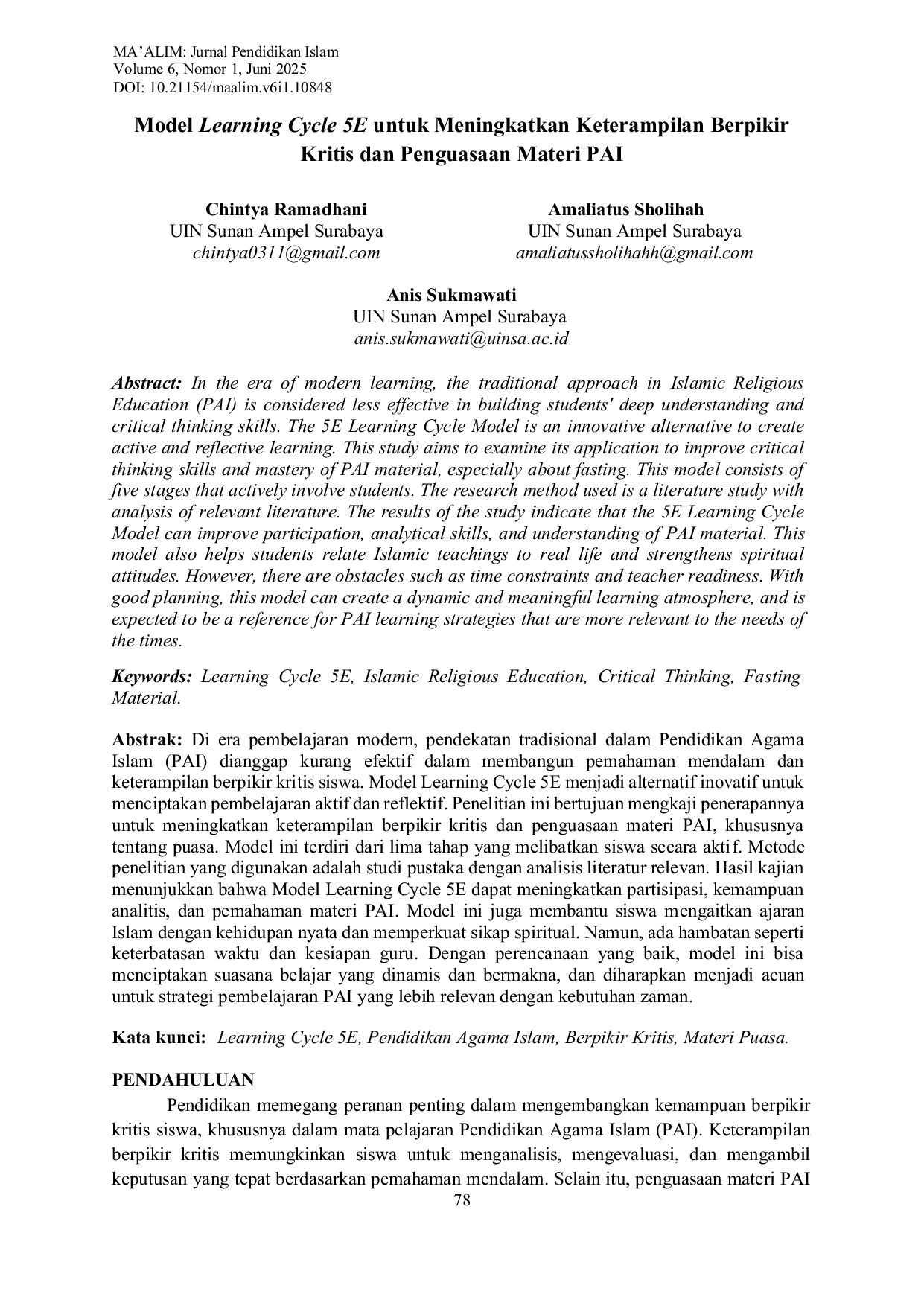 JURIS Model Learning Cycle 5E untuk Meningkatkan Keterampilan Berpikir Kritis dan Penguasaan Materi PAI