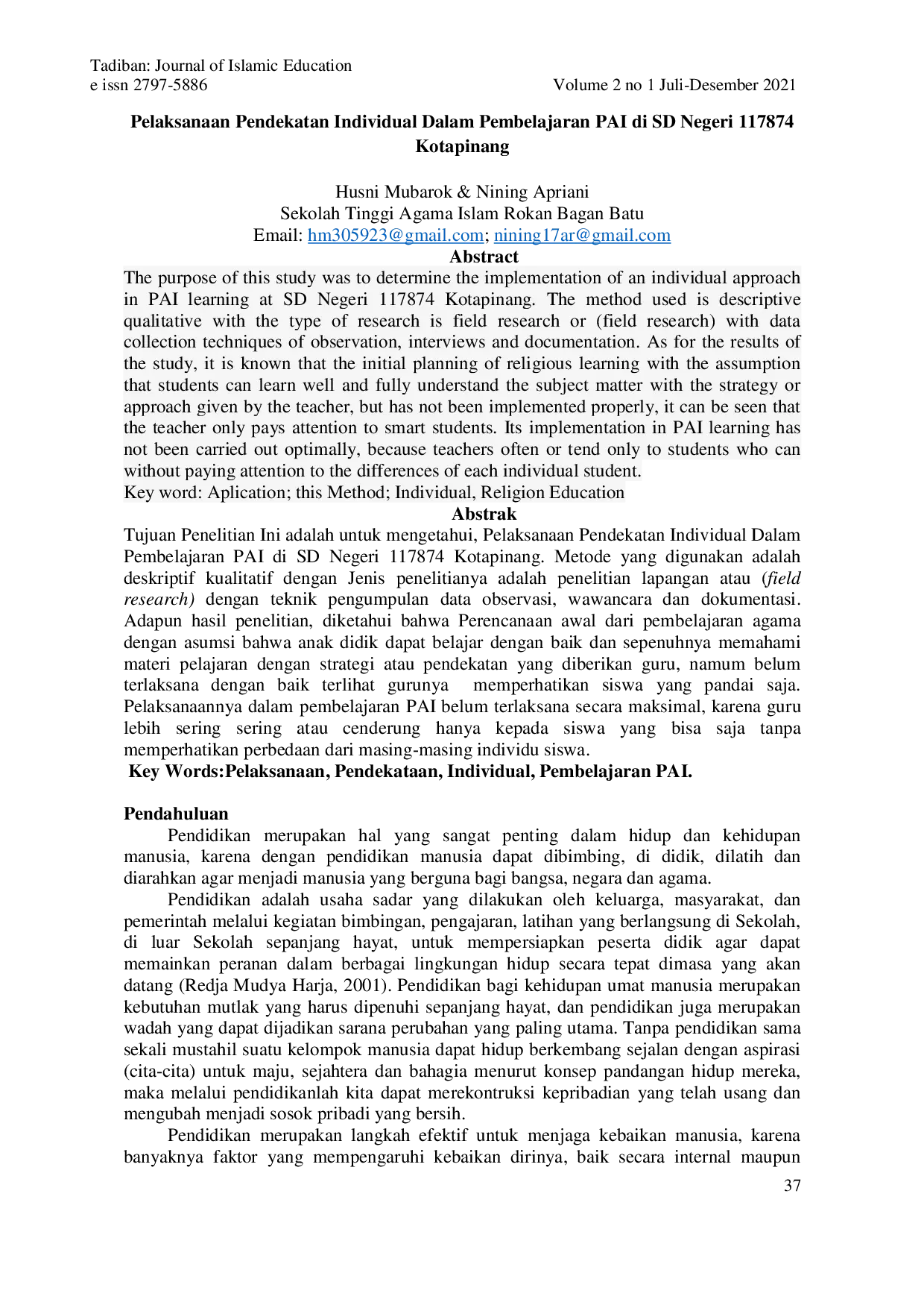juris Pelaksanaan Pendekatan Individual Dalam Pembelajaran PAI di SD Negeri 117874 Kotapinang