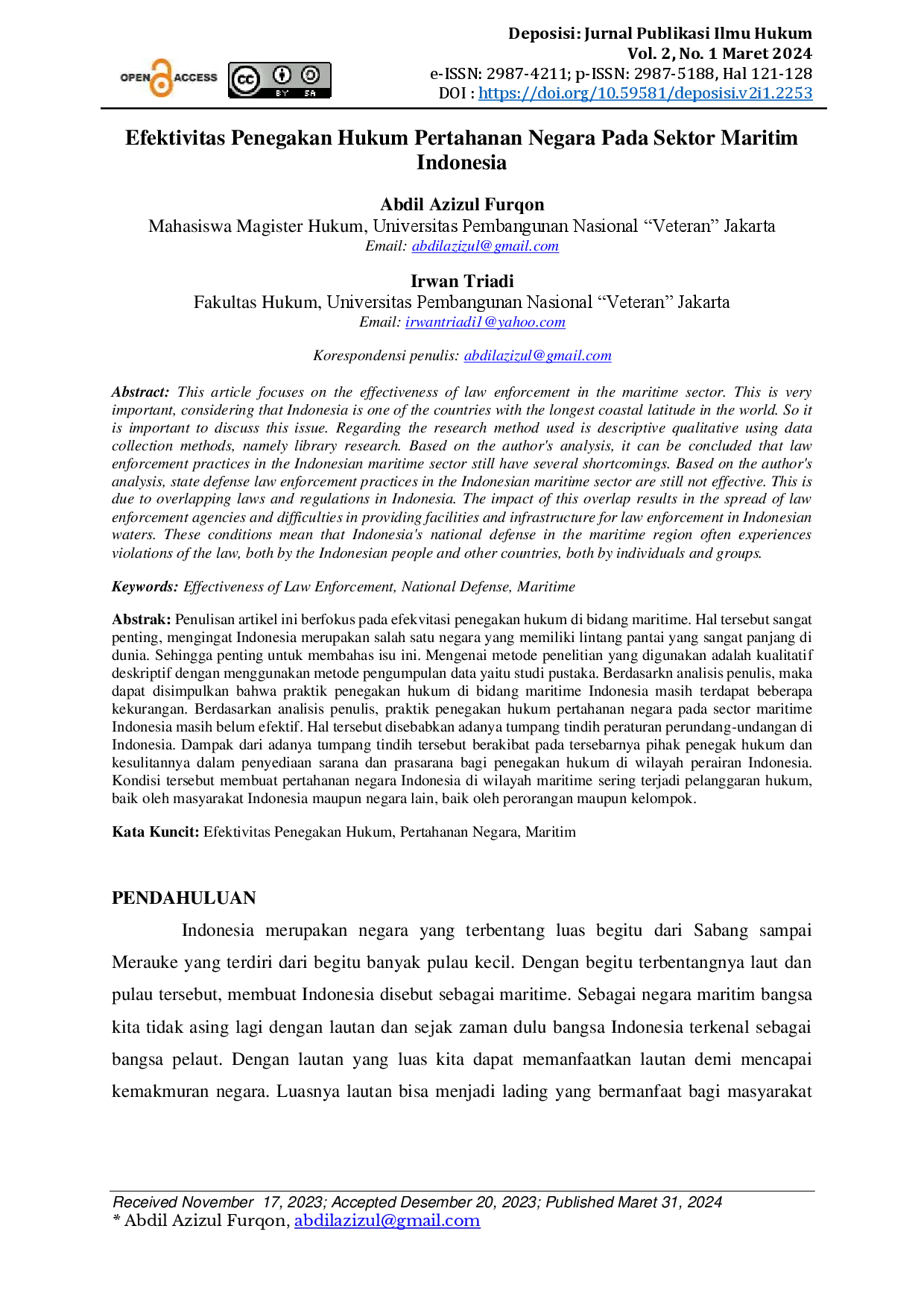 juris Efektivitas Penegakan Hukum Pertahanan Negara Pada Sektor Maritim Indonesia