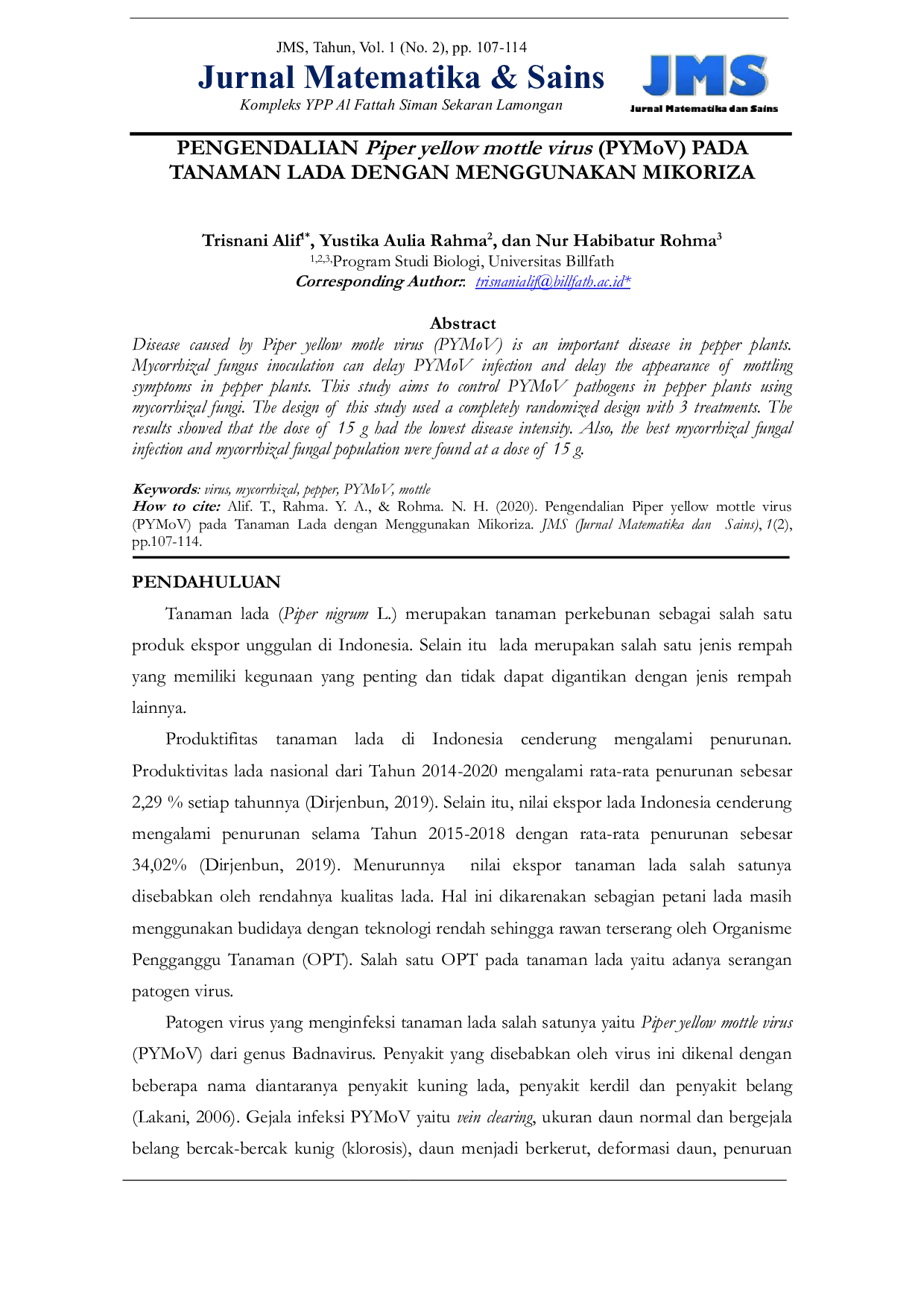 JURIS PENGENDALIAN Piper yellow mottle virus PYMoV PADA TANAMAN LADA DENGAN MENGGUNAKAN MIKORIZA