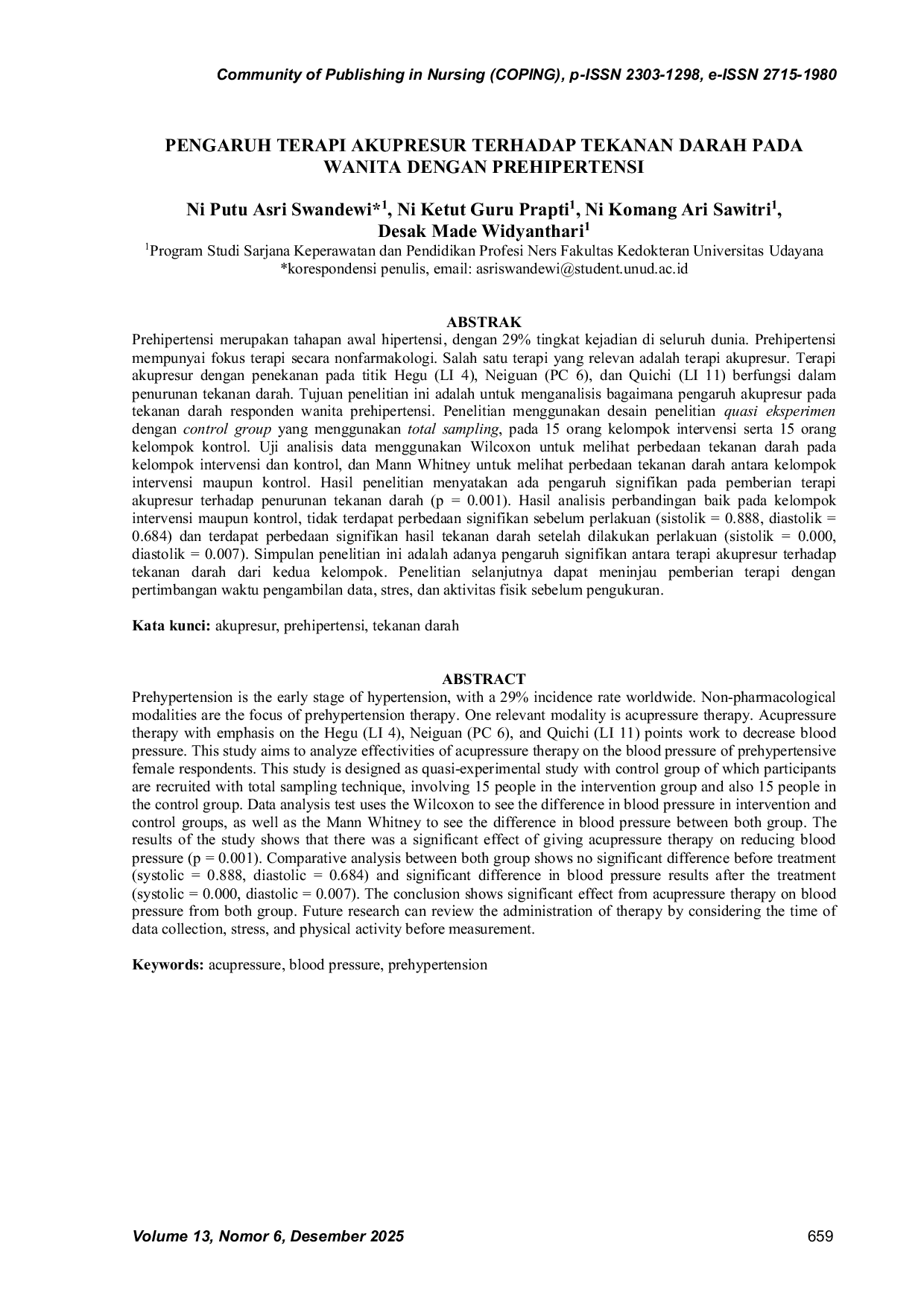 JURIS Pengaruh Terapi Akupresur Terhadap Tekanan Darah Pada Wanita Dengan Prehipertensi