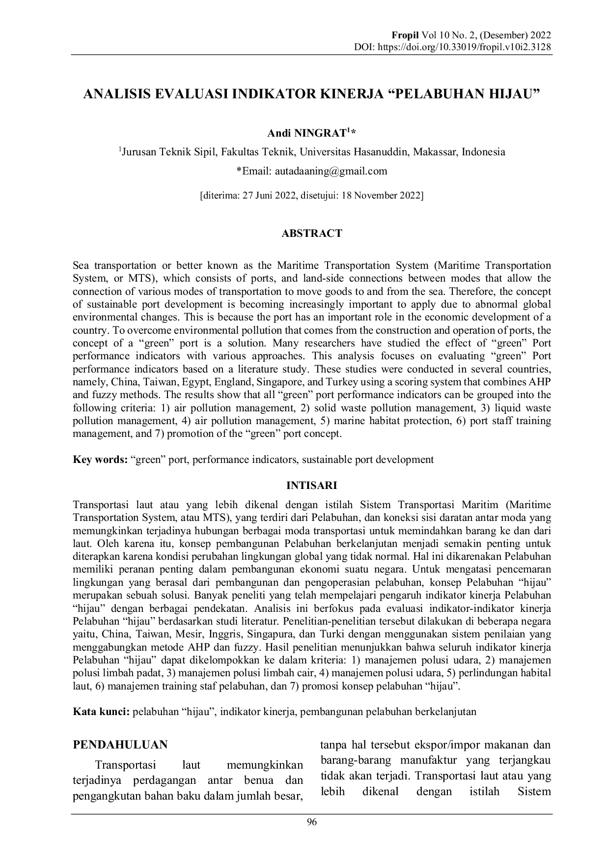 JURIS Analisis Evaluasi Indikator Kinerja Pelabuhan Hijau