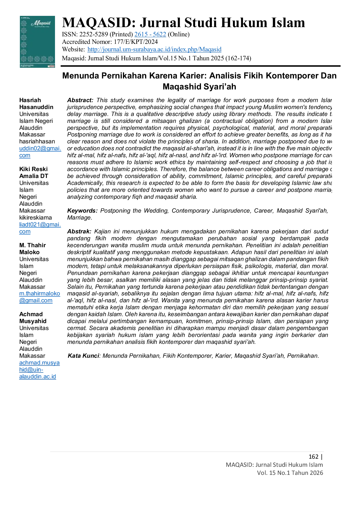 JURIS Menunda Pernikahan Karena Karier Analisis Fikih Kontemporer Dan Maqashid Syari ah