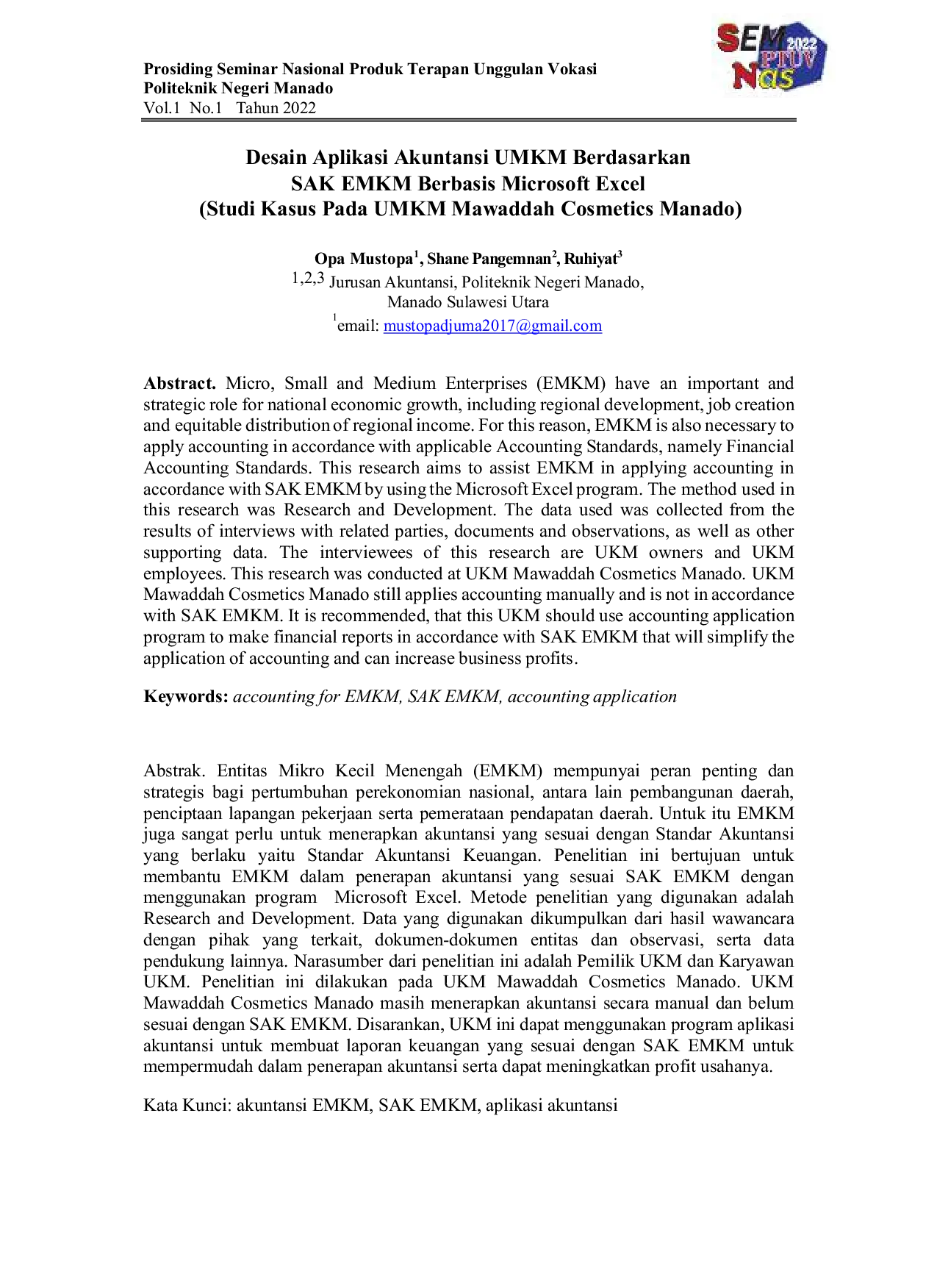 JURIS Desain Aplikasi Akuntansi UMKM Berdasarkan SAK EMKM Berbasis Microsoft Excel Studi Kasus Pada UMKM Mawaddah Cosmetics Manado