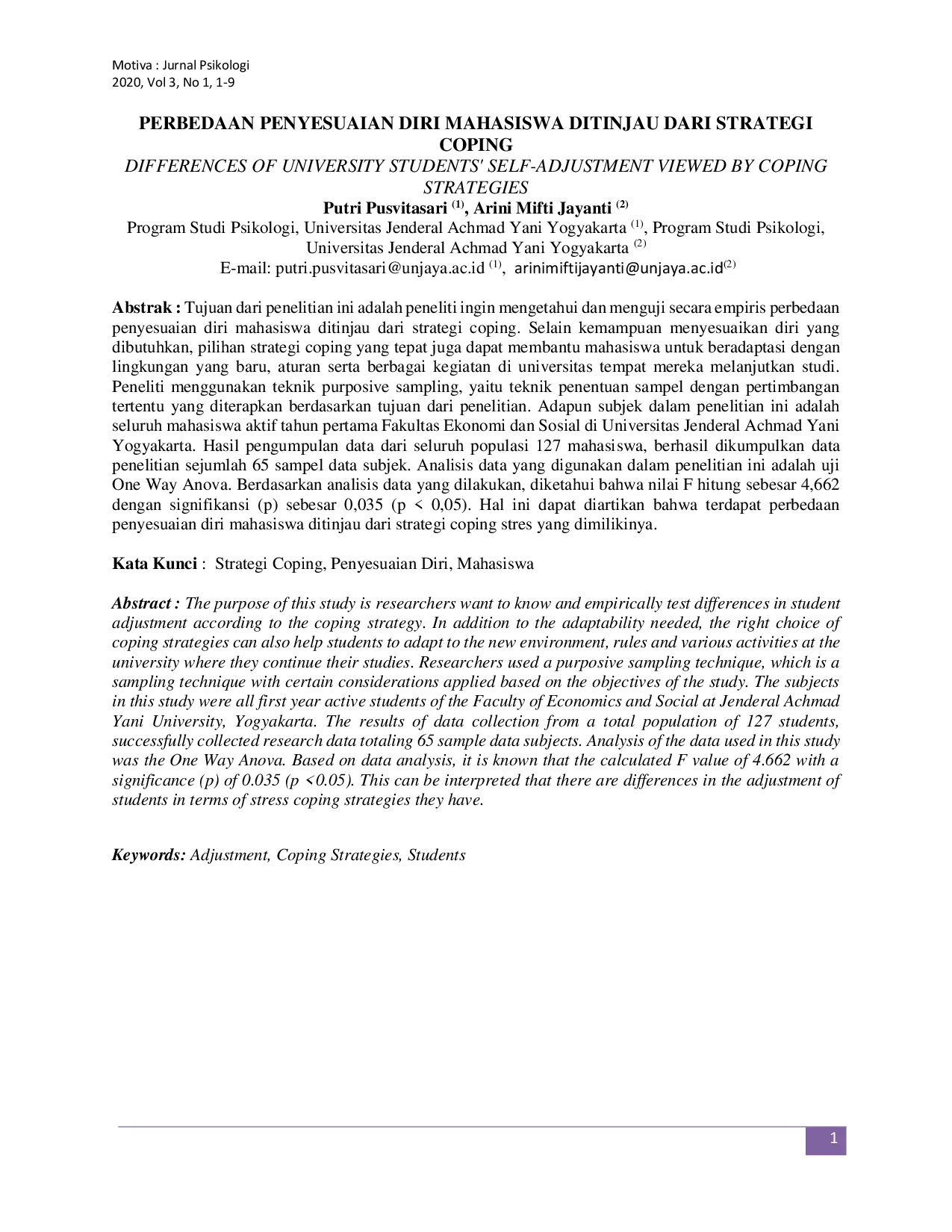 JURIS Perbedaan Penyesuaian Diri Mahasiswa Ditinjau Dari Strategi Coping