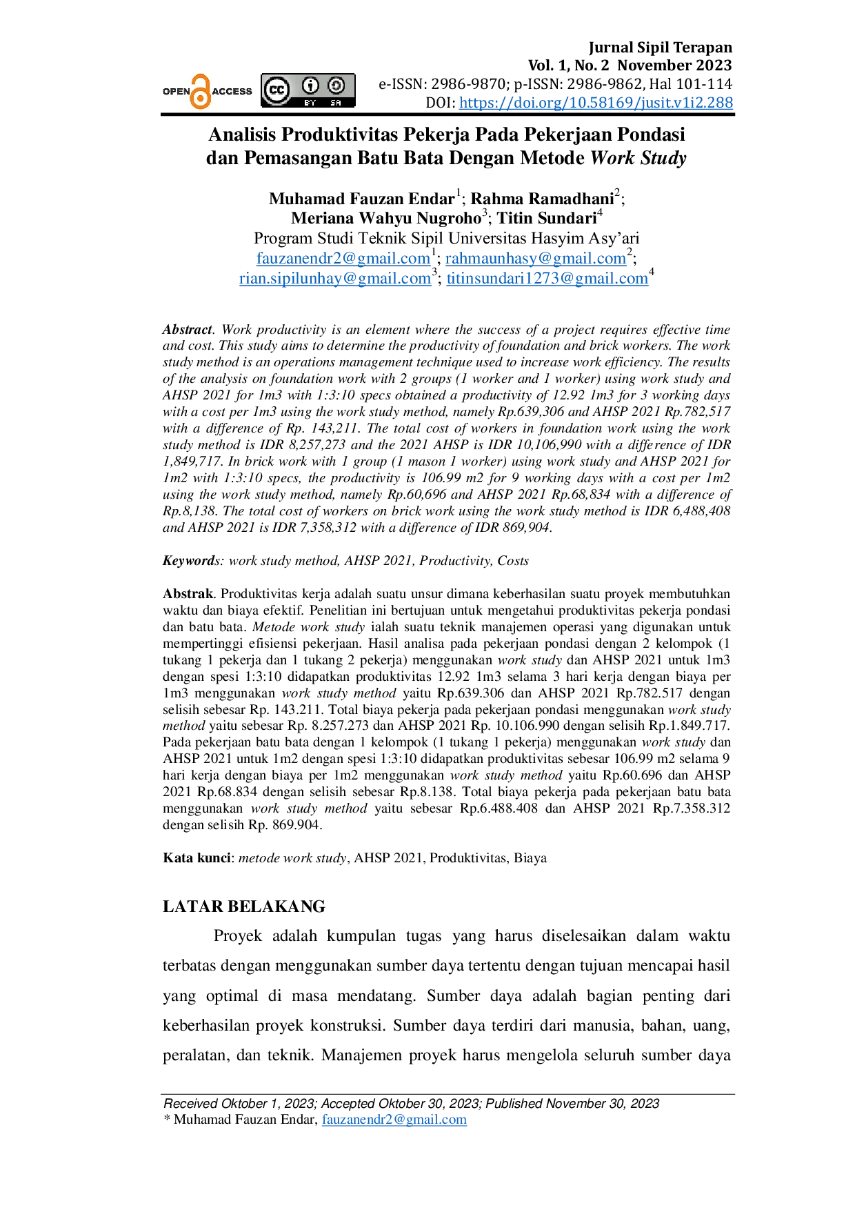 JURIS Analisis Produktivitas Pekerja Pada Pekerjaan Pondasi dan Pemasangan Batu Bata Dengan Metode Work Study