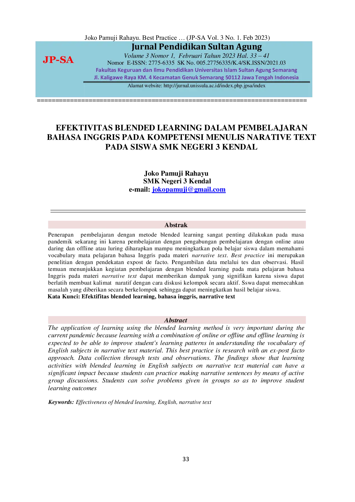 JURIS Efektivitas Metode Blended Learning dalam Pembelajaran Bahasa Inggris pada Kompetensi Menulis Narative Text pada Siswa SMK Negeri 3 Kendal