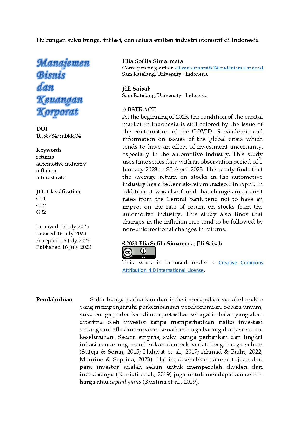 juris Hubungan Suku Bunga Inflasi dan Return Emiten Industri Otomotif di Indonesia
