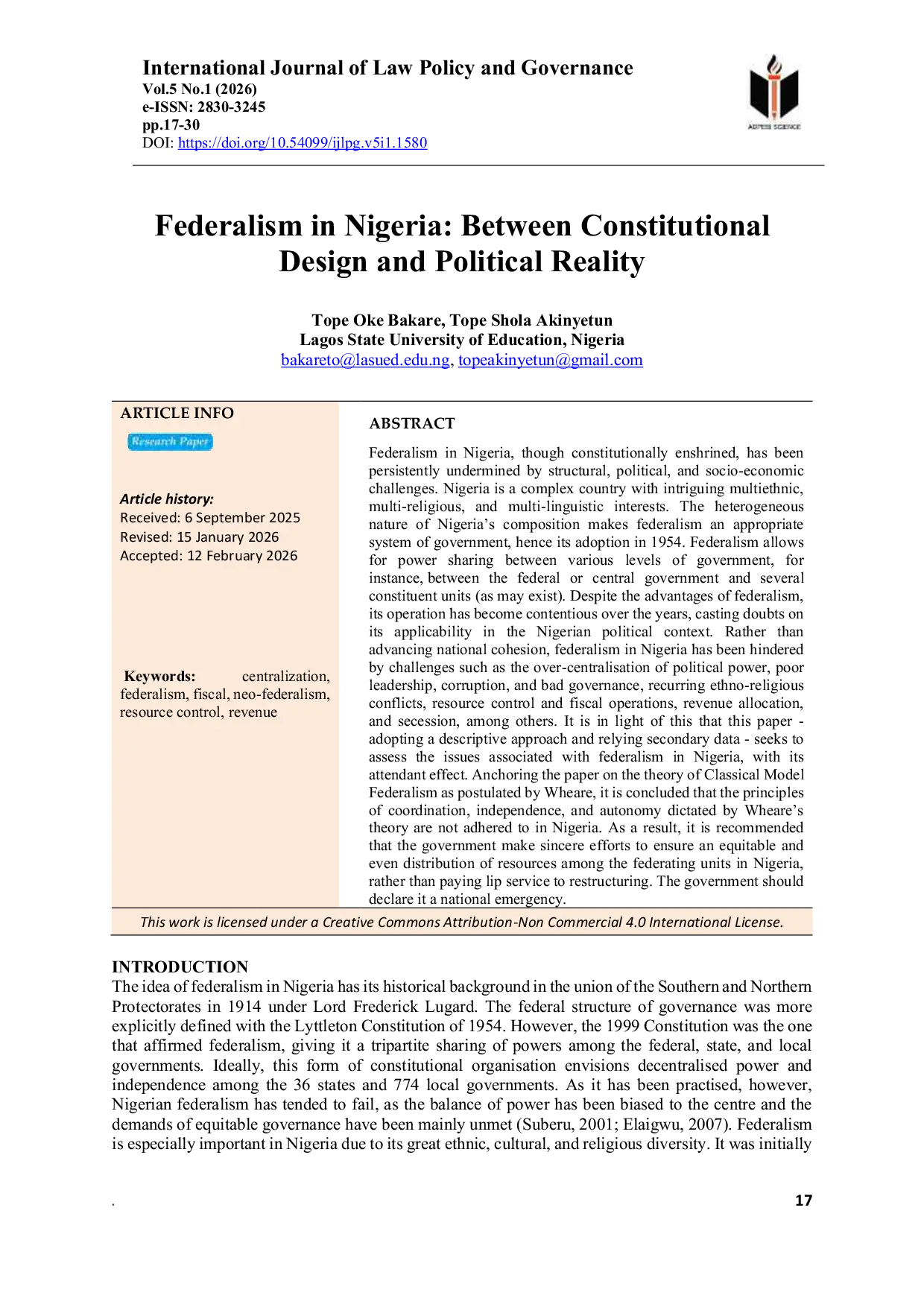 JURIS Federalism in Nigeria Between Constitutional Design and Political Reality