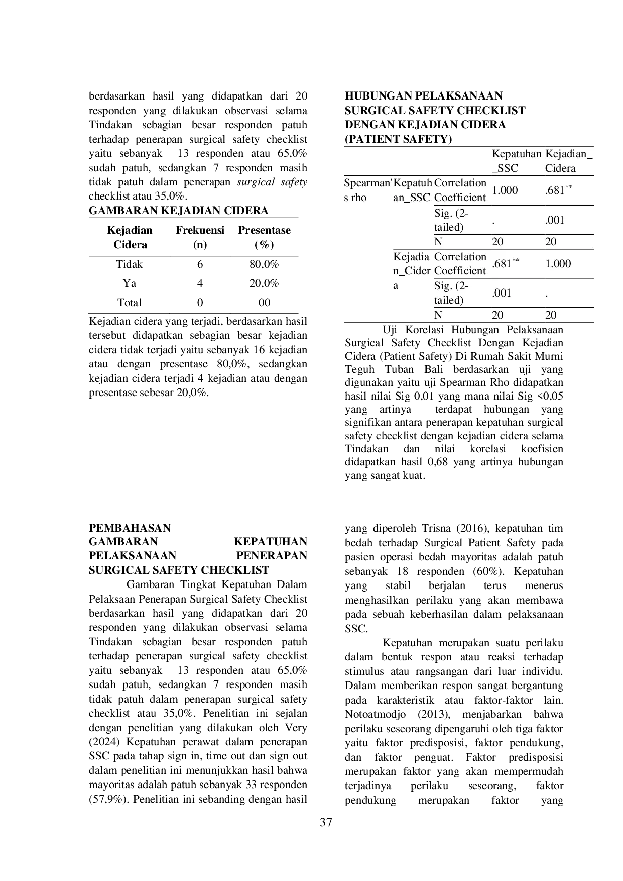 JURIS Hubungan Pelaksanaan Surgical Safety Checklist dengan Kejadian Cidera Patient Safety di Rumah Sakit Murni Teguh Tuban Bali