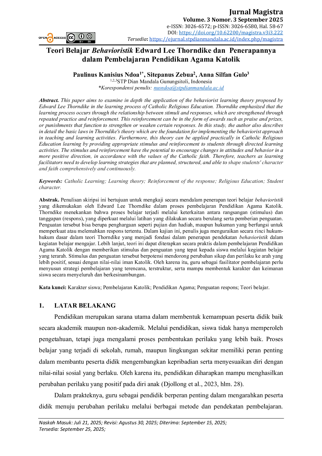 JURIS Teori Belajar Behavioristik Edward Lee Thorndike dan Penerapannya dalam Pembelajaran Pendidikan Agama Katolik