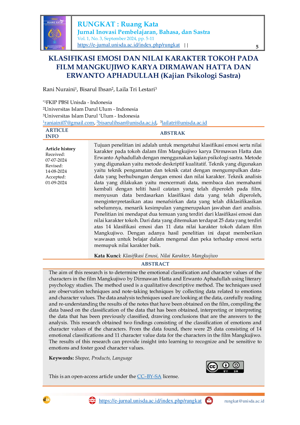 JURIS Klasifikasi Emosi dan Nilai Karakter Tokoh pada Film Mangkujiwo Karya Dirmawan Hatta dan Erwanto Aphadullah Kajian Psikologi Sastra