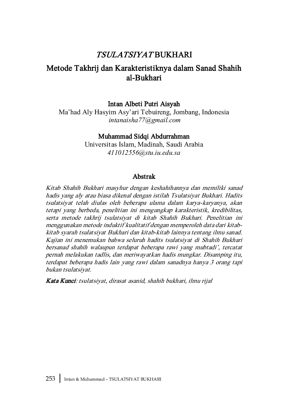 JURIS TSULATSIYAT BUKHARI Metode Takhrij dan Karakteristiknya dalam Sanad Shahih al Bukhari