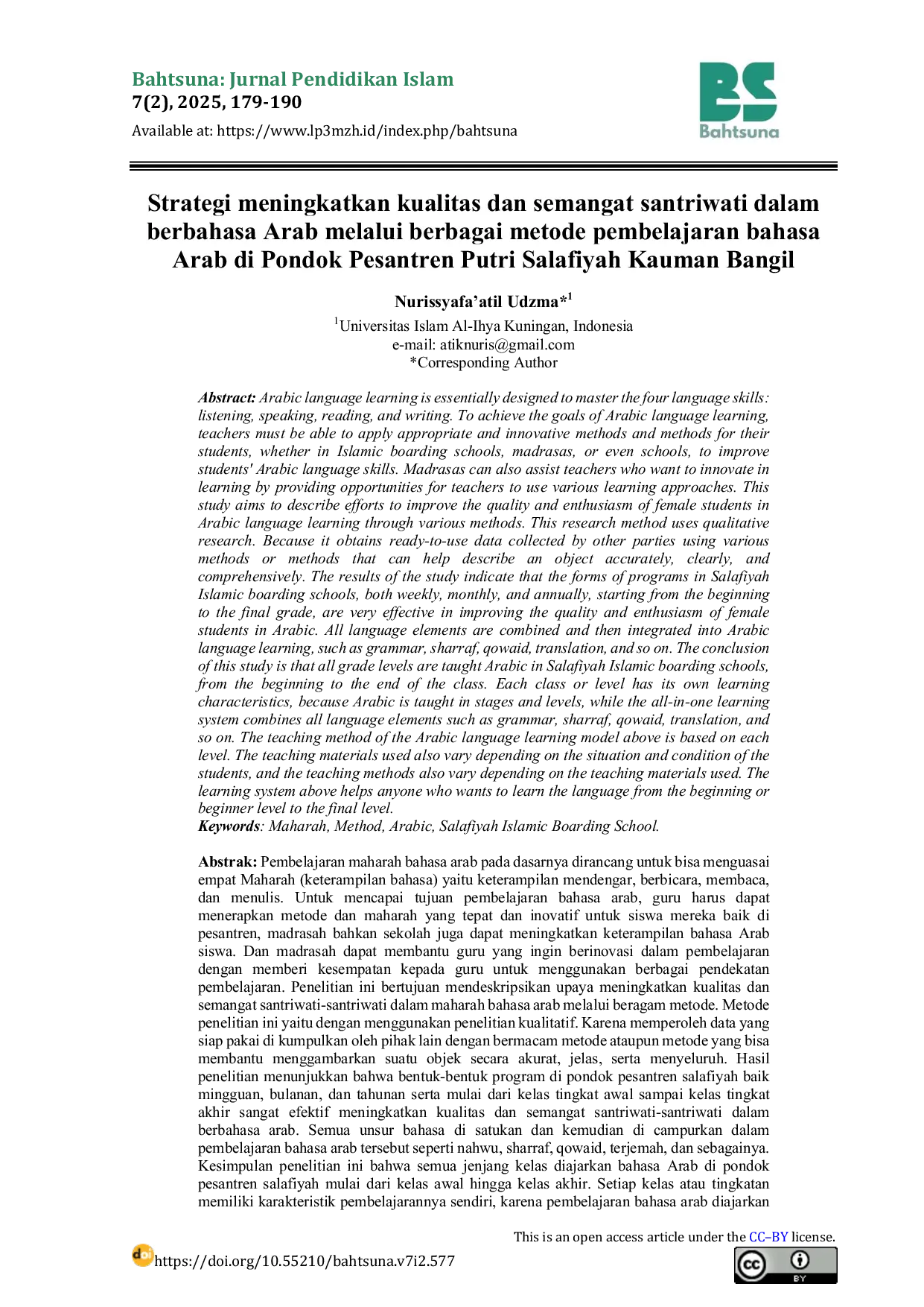 JURIS Strategi Meningkatkan Kualitas Dan Semangat Santriwati Dalam Berbahasa Arab Melalui Berbagai Metode Pembelajaran Bahasa Arab Di Pondok Pesantren Putri Salafiyah Kauman Bangil