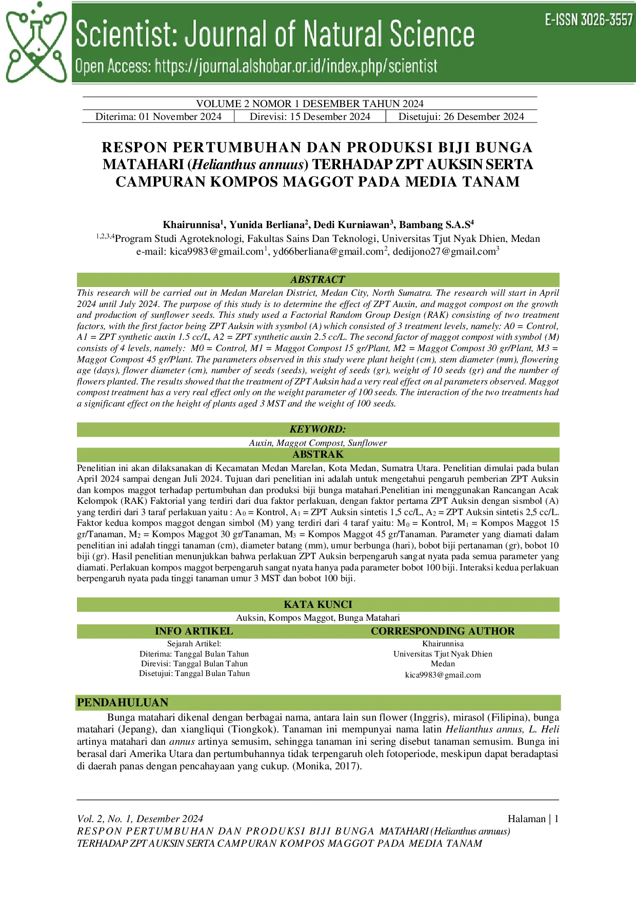 JURIS Respon Pertumbuhan Dan Produksi Biji Bunga Matahari Helianthus Annuus Terhadap Zpt Auksin Serta Campuran Kompos Maggot Pada Media Tanam