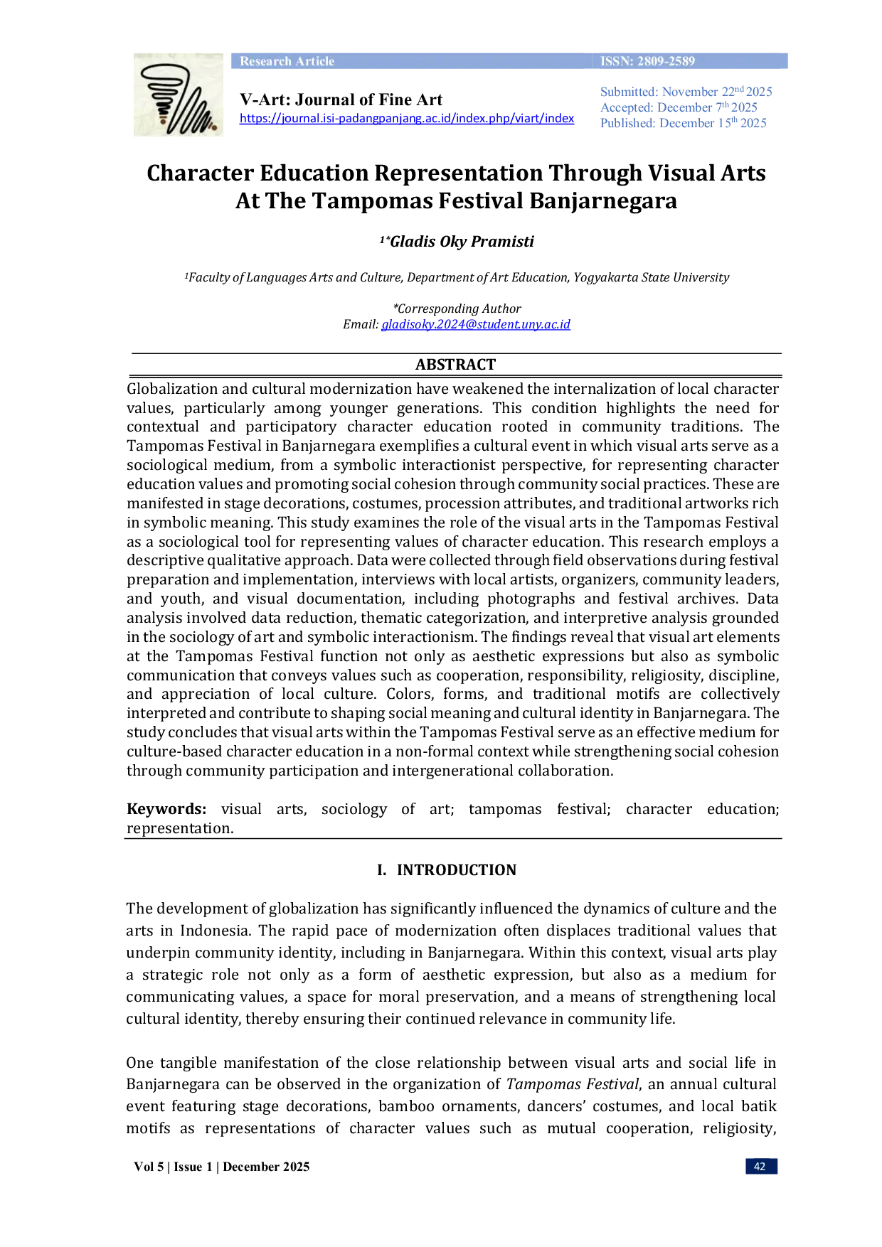 JURIS Character Education Representation Through Visual Arts At The Tampomas Festival Banjarnegara