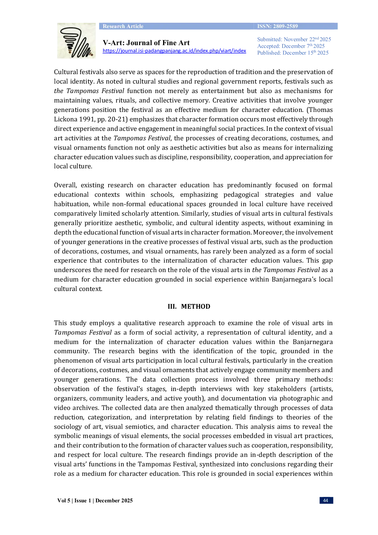 JURIS Character Education Representation Through Visual Arts At The Tampomas Festival Banjarnegara