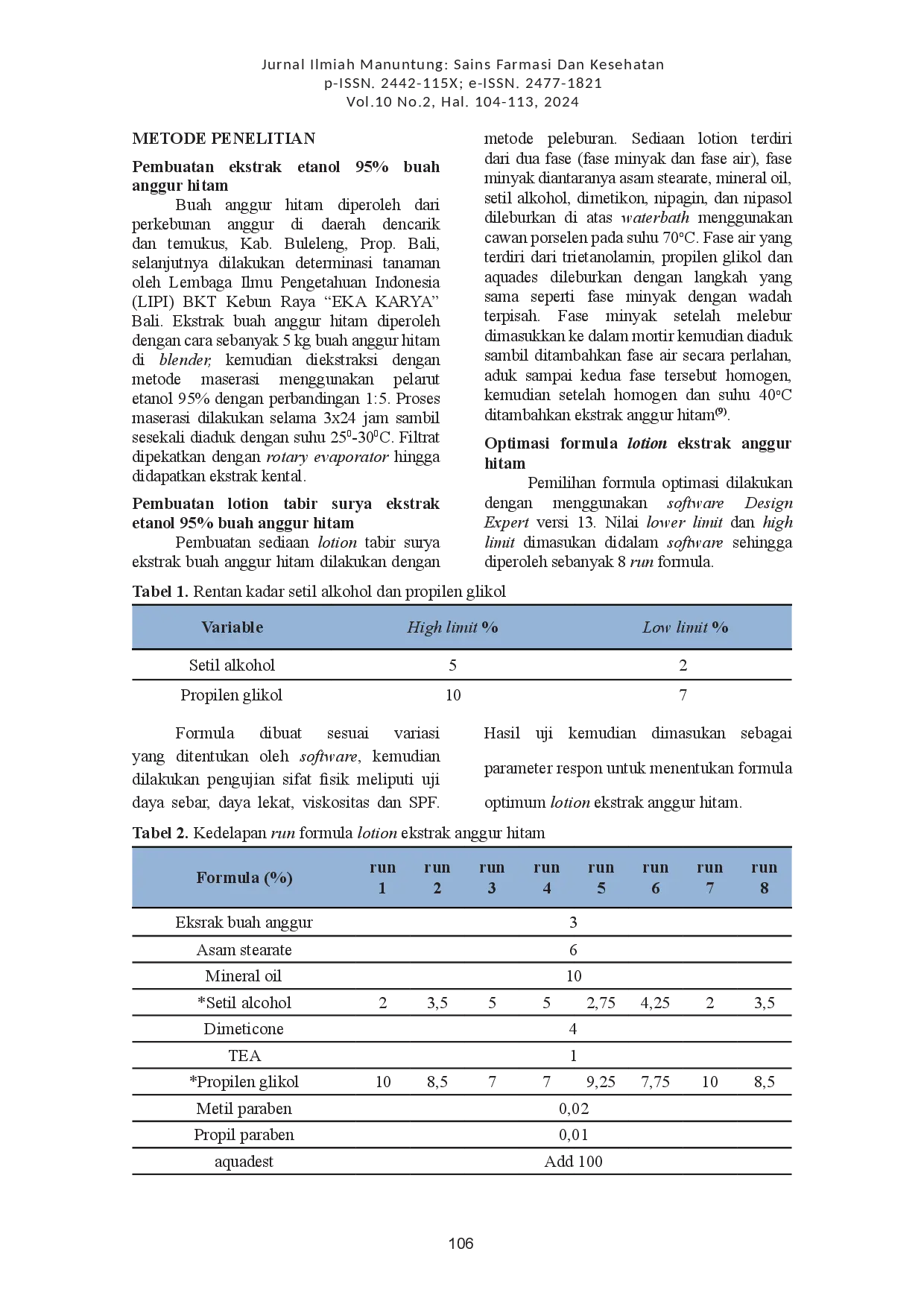 juris OPTIMASI KOMPOSISI SETIL ALKOHOL DAN PROPILENGLIKOL PADA SEDIAAN LOTION TABIR SURYA EKSTRAK ANGGUR HITAM Vitis vinifera L DENGAN METODE SIMPLEX LATTICE DESIGN