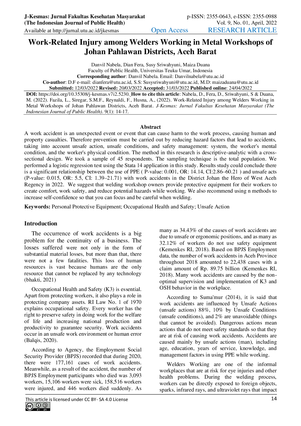 JURIS Work Related Injury among Welders Working in Metal Workshops of Johan Pahlawan Districts Aceh Barat