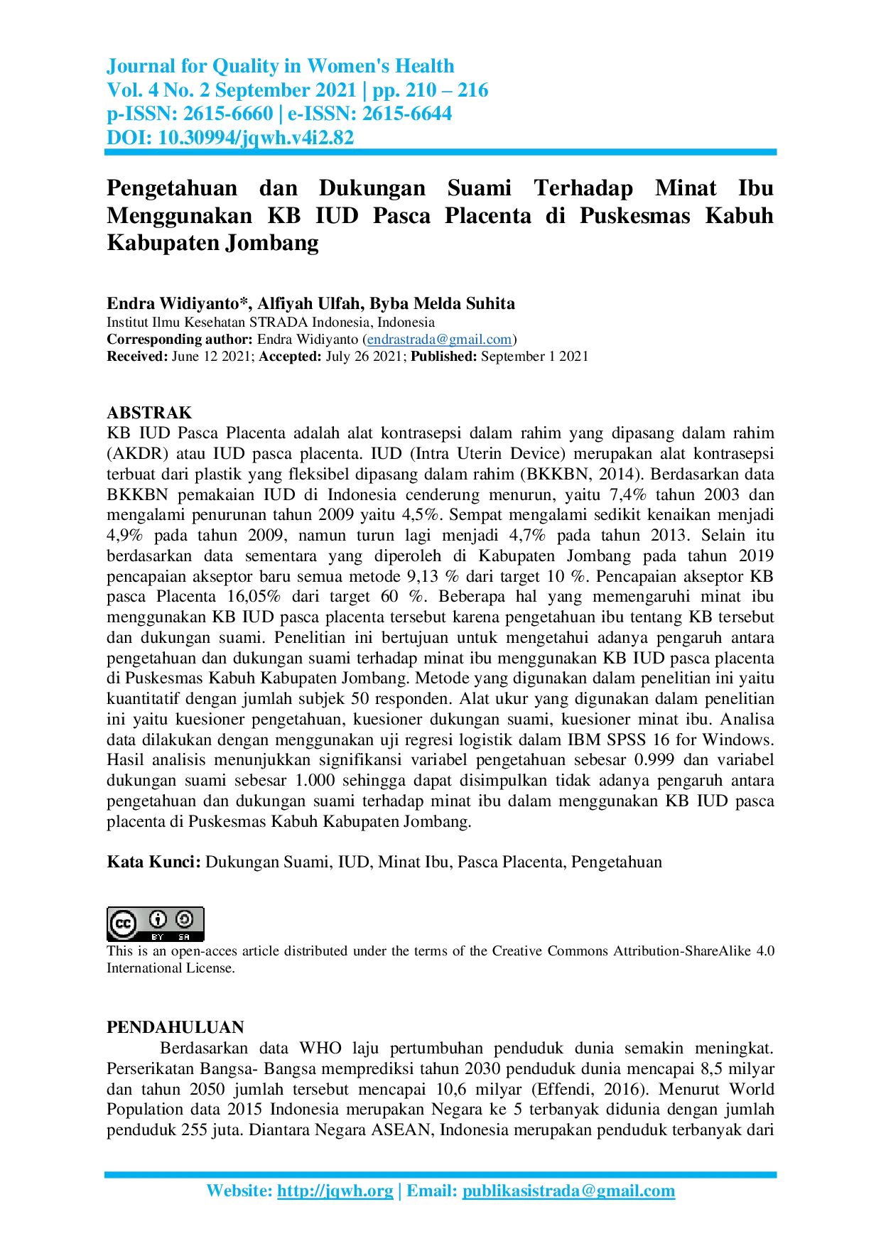 JURIS Pengetahuan dan Dukungan Suami Terhadap Minat Ibu Menggunakan KB IUD Pasca Placenta di Puskesmas Kabuh Kabupaten Jombang