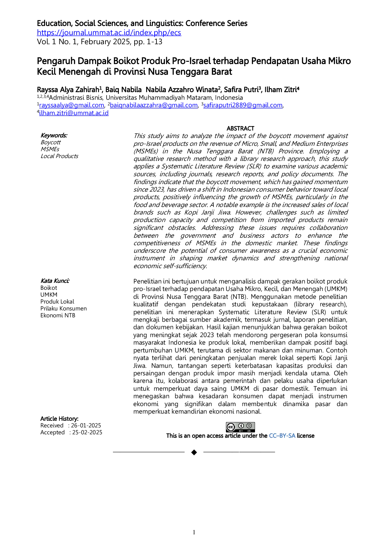 JURIS Pengaruh Dampak Boikot Produk Pro Israel terhadap Pendapatan Usaha Mikro Kecil Menengah di Provinsi Nusa Tenggara Barat
